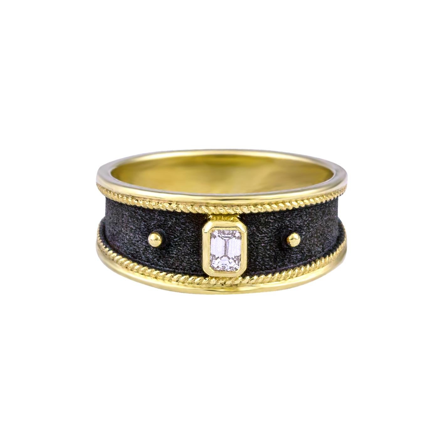 S.Georgios design ring handmade from solid 18 Carat Yellow Gold all custom-made. This graduated ring is microscopically decorated with gold wires. Granulated details contrast with Byzantine velvet background finished with Black Rhodium. The stunning