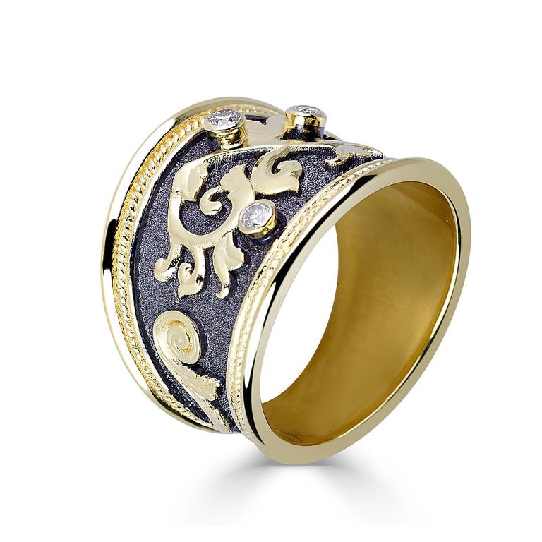 Byzantine Georgios Collections 18 Karat Yellow Gold Diamond Black Rhodium Wide Band Ring  For Sale