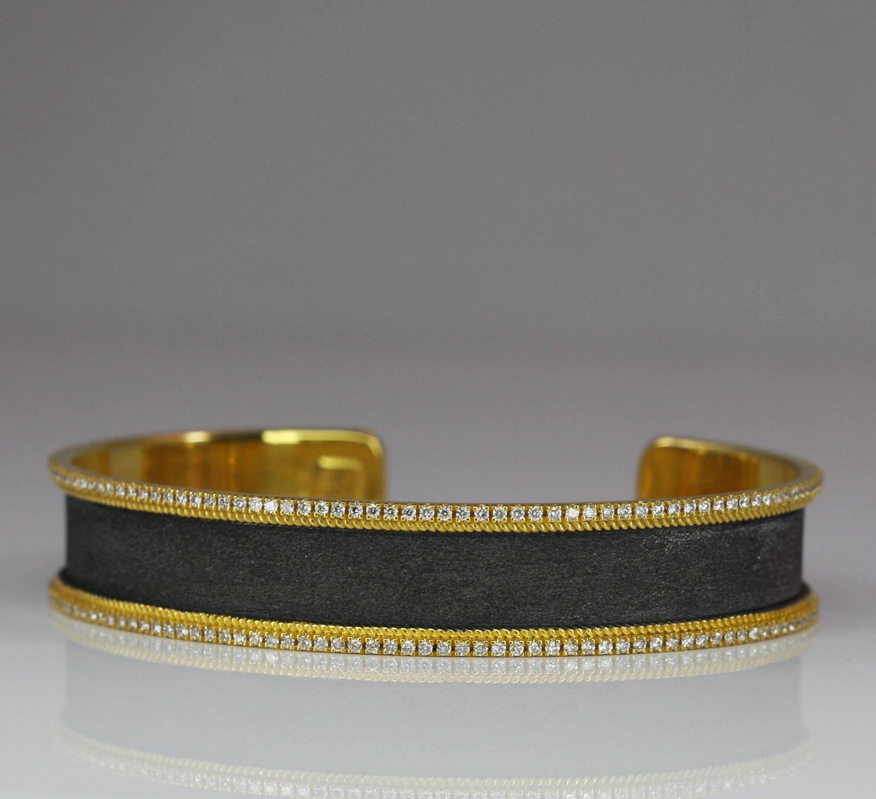 Georgios Collections 18 Karat Gold Two Tone Diamond Bangle Bracelet with Rhodium For Sale 2