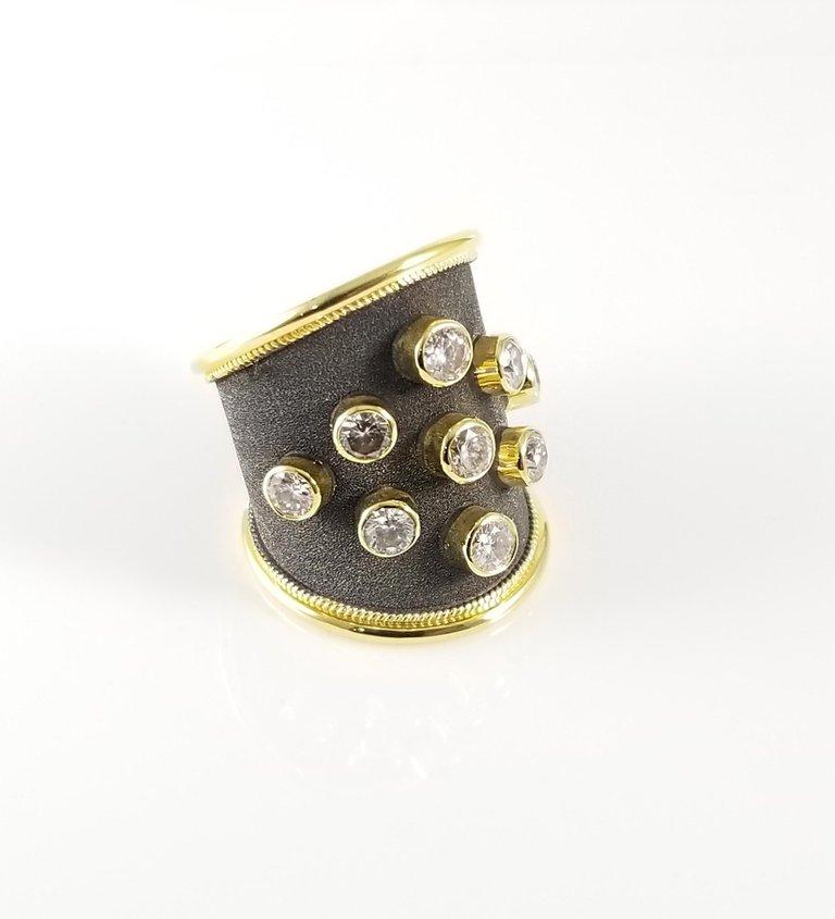 Byzantine Georgios Collections 18 Karat Yellow Gold Diamond Black Rhodium Thick Band Ring For Sale