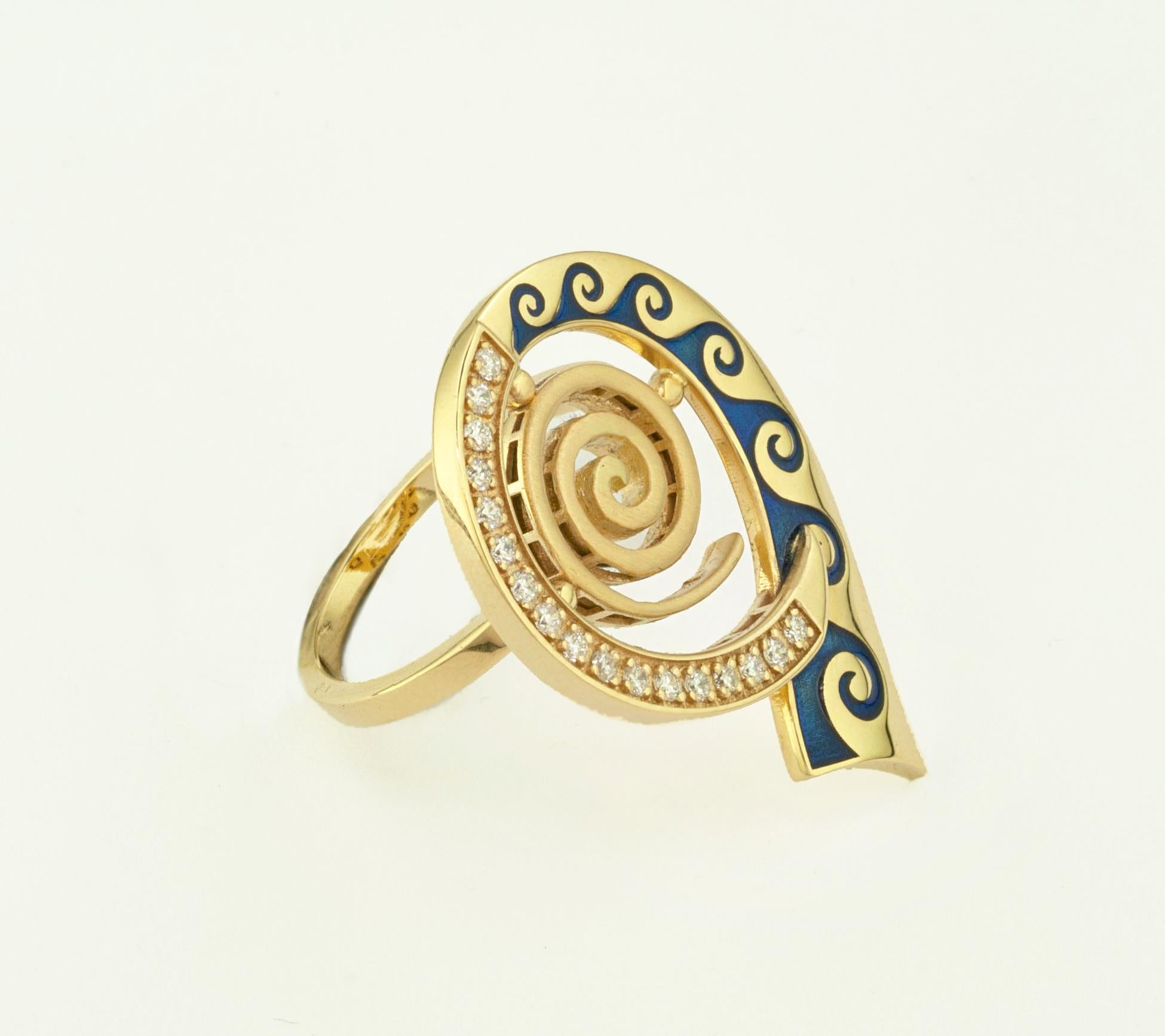 Georgios Collections 18 Karat Yellow Gold Diamond Blue Enamel Greek Key Ring For Sale 4