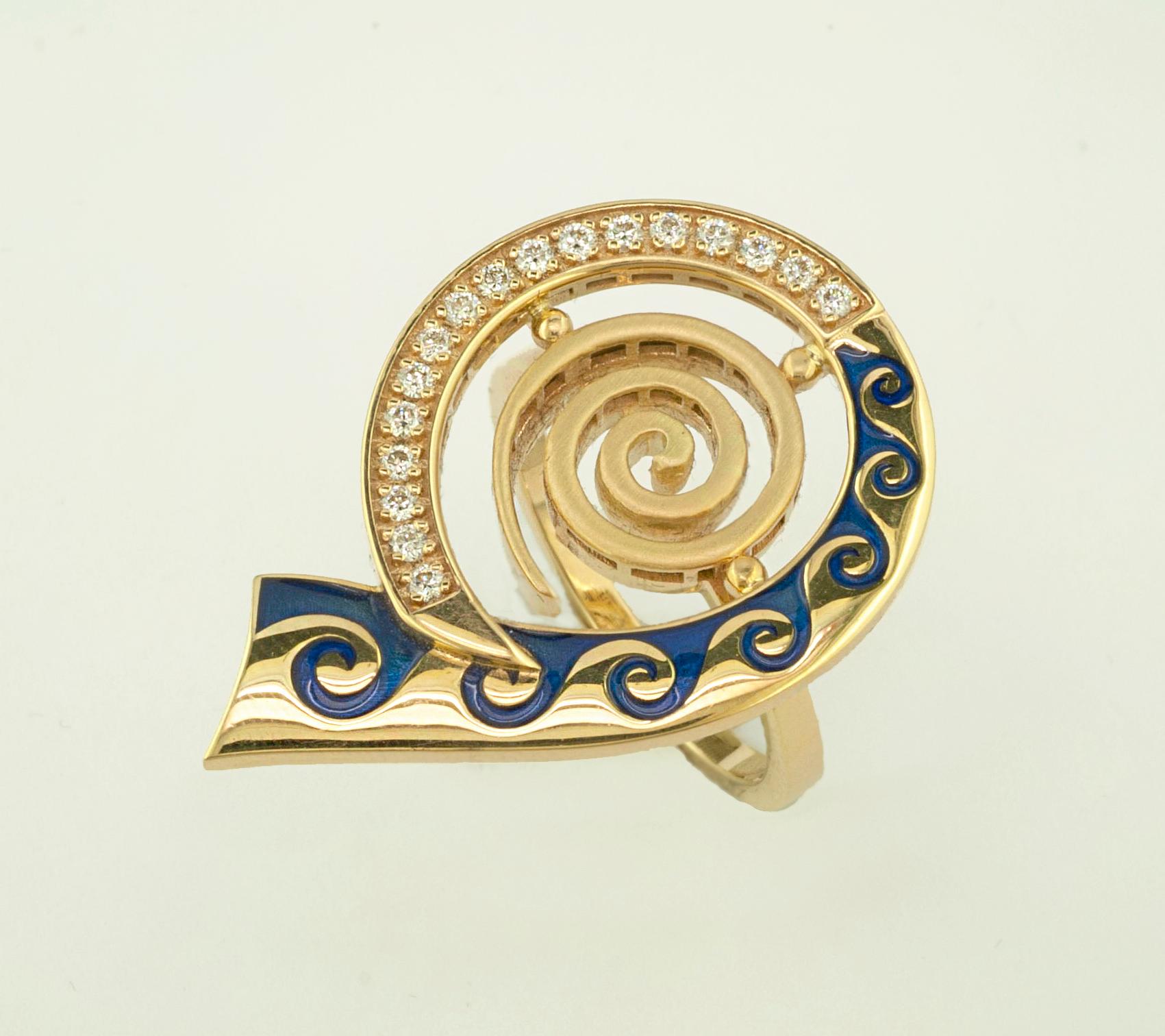 This S.Georgios designer Greek Key ring is handmade from solid 18 Karat Yellow Gold and is carved in a unique Greek Key design to form a beautiful spiral shape. This stunning ring features 17 brilliant-cut White Diamonds total weight of 0.27 Carat