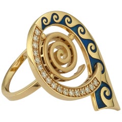 Georgios Collections 18 Karat Yellow Gold Diamond Blue Enamel Greek Key Ring