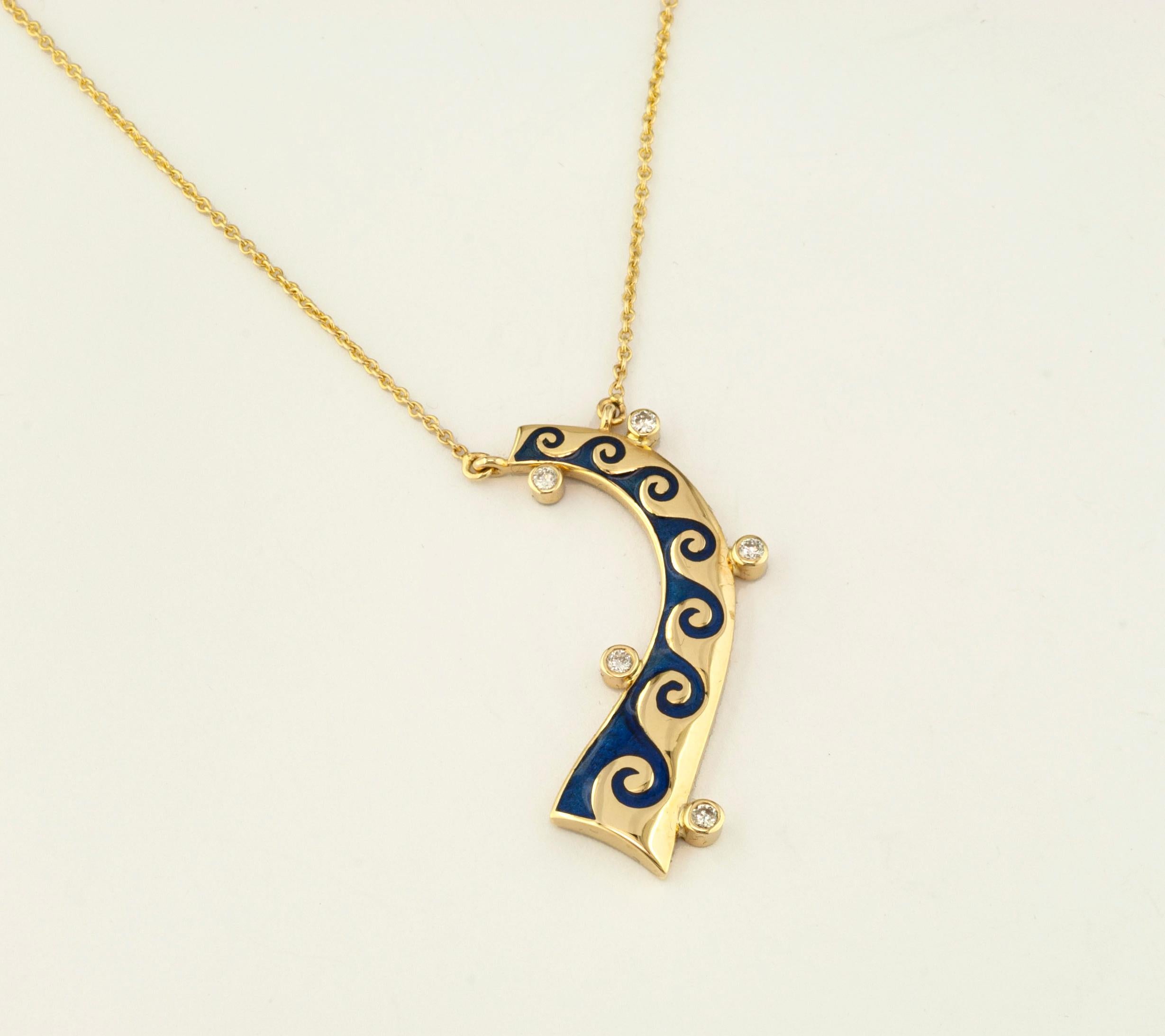 Georgios Collections 18 Karat Yellow Gold Diamond Blue Wave Pendant Necklace For Sale 4