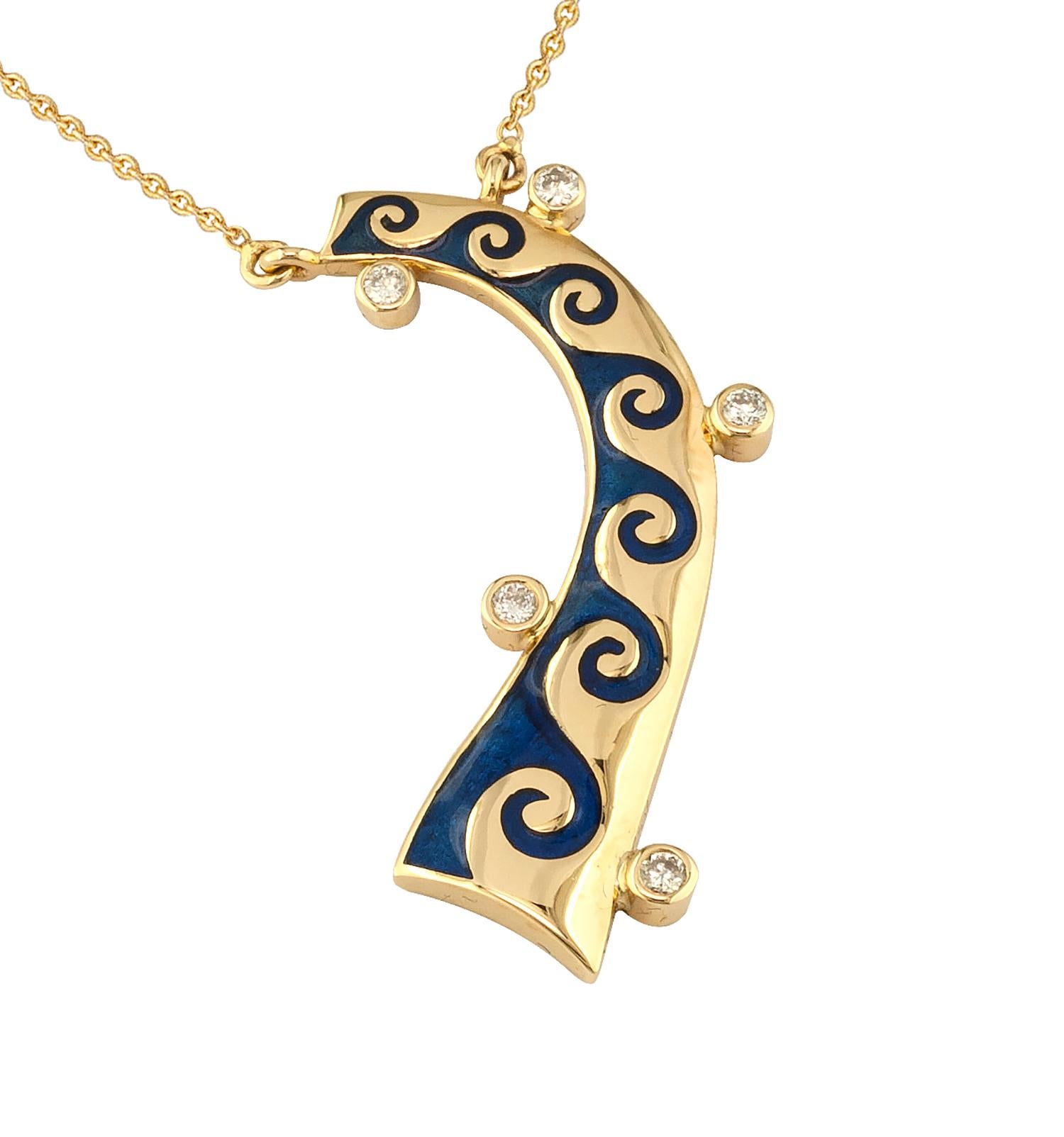 S.Georgios designer pendant necklace is handmade from solid 18 Karat Yellow Gold and features a unique Blue Enamel inlay workmanship creating a striking wave pattern. This stunning pendant features 5 brilliant-cut White Diamonds total weight of 0.10