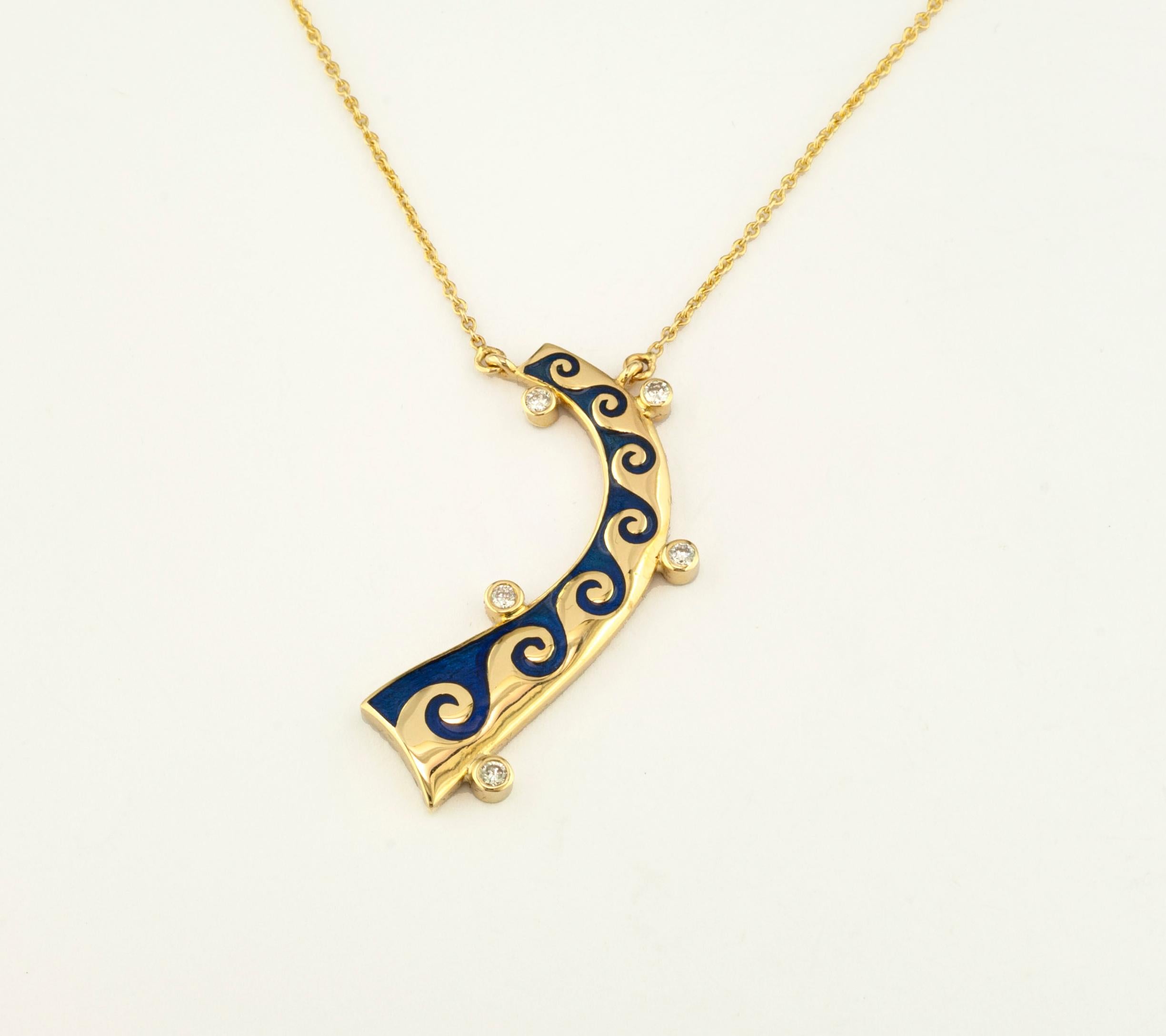 Contemporary Georgios Collections 18 Karat Yellow Gold Diamond Blue Wave Pendant Necklace For Sale
