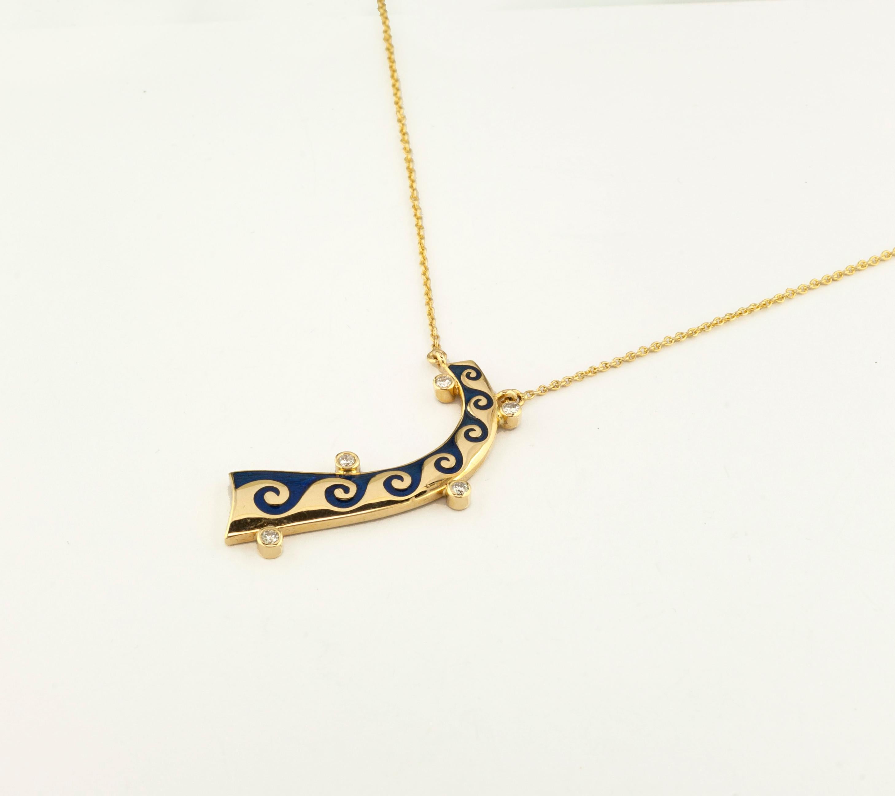 Georgios Collections: 18 Karat Gelbgold Halskette mit blauem Wellenanhänger aus Diamanten im Angebot 2