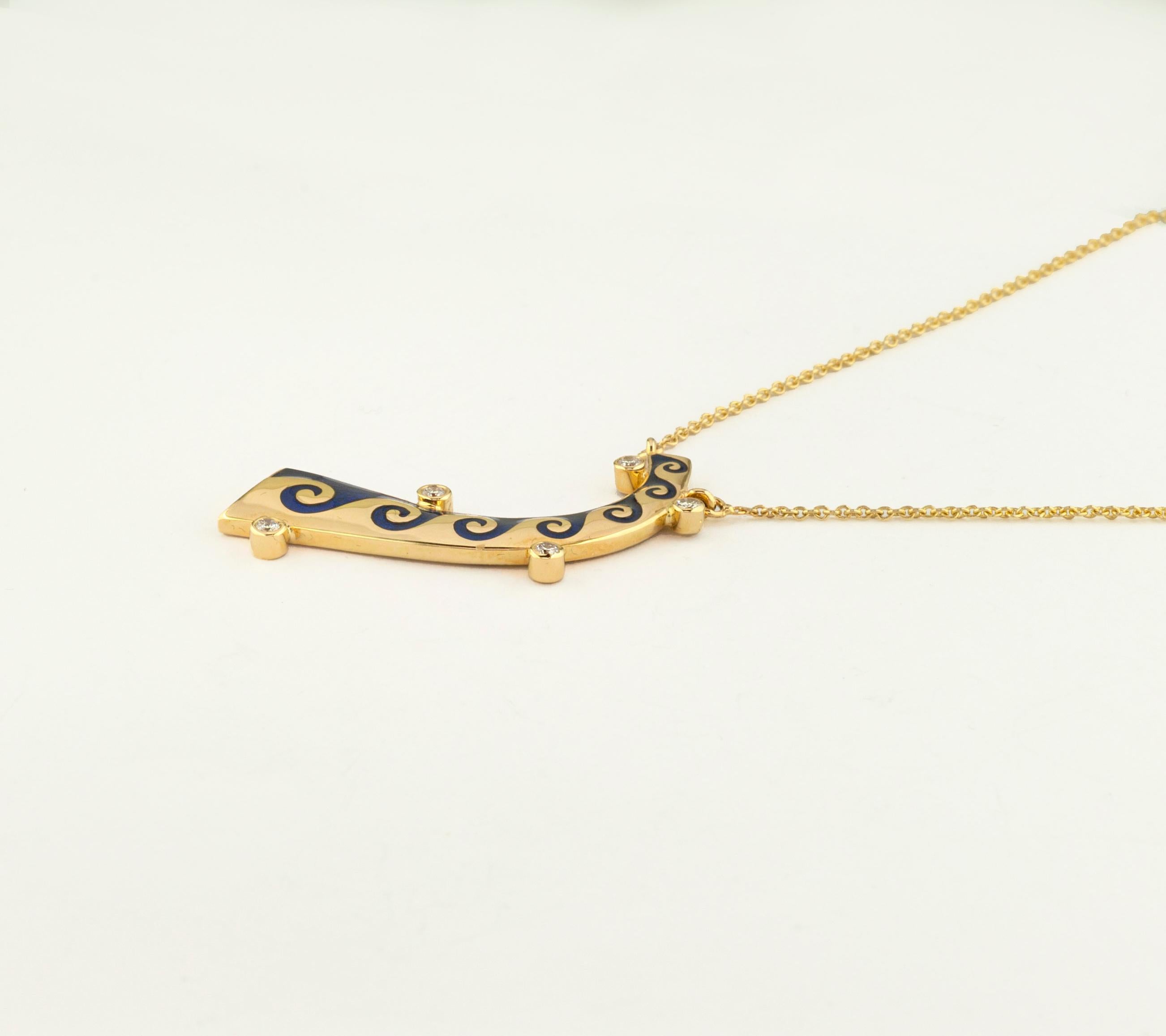 Georgios Collections: 18 Karat Gelbgold Halskette mit blauem Wellenanhänger aus Diamanten im Angebot 3