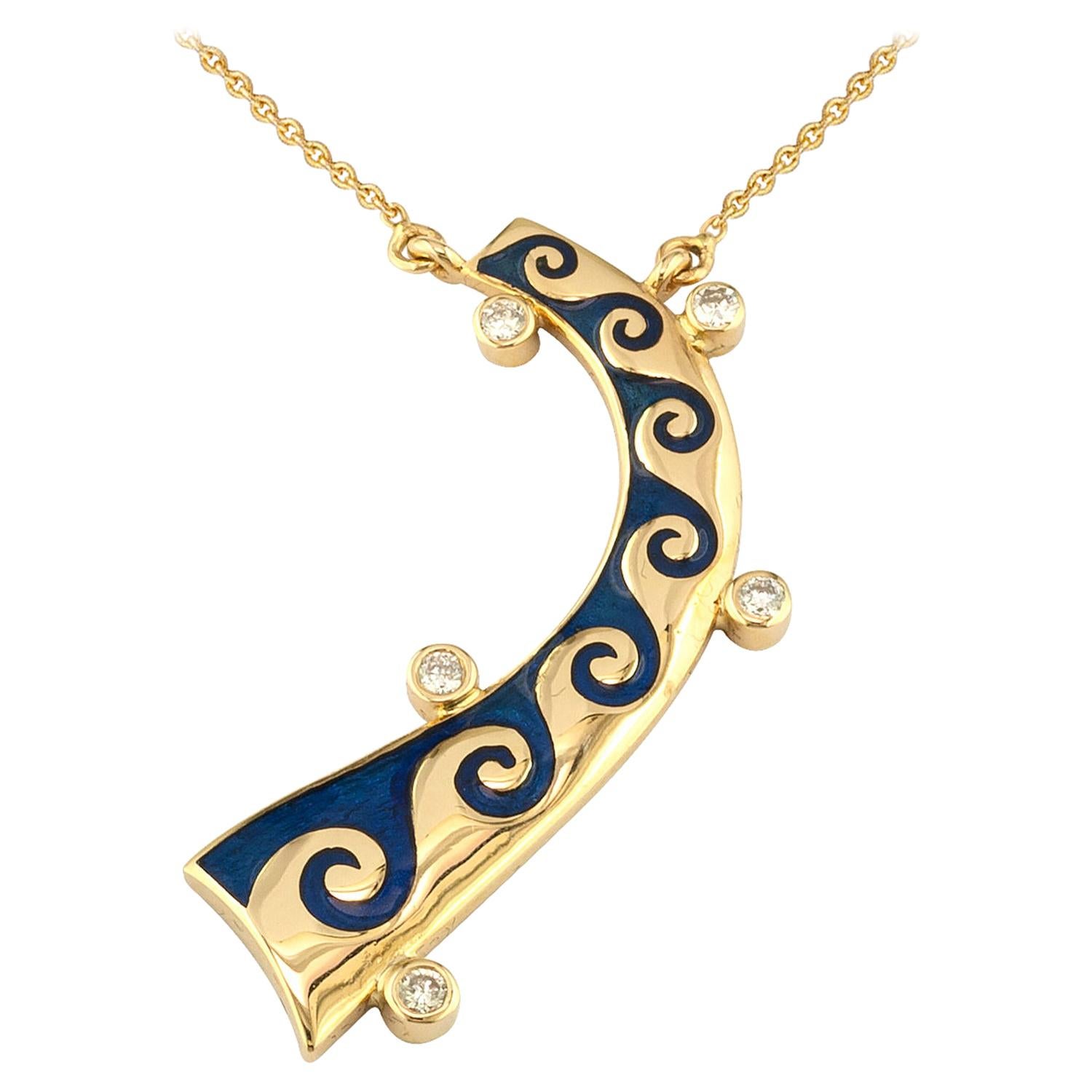 Georgios Collections 18 Karat Yellow Gold Diamond Blue Wave Pendant Necklace For Sale