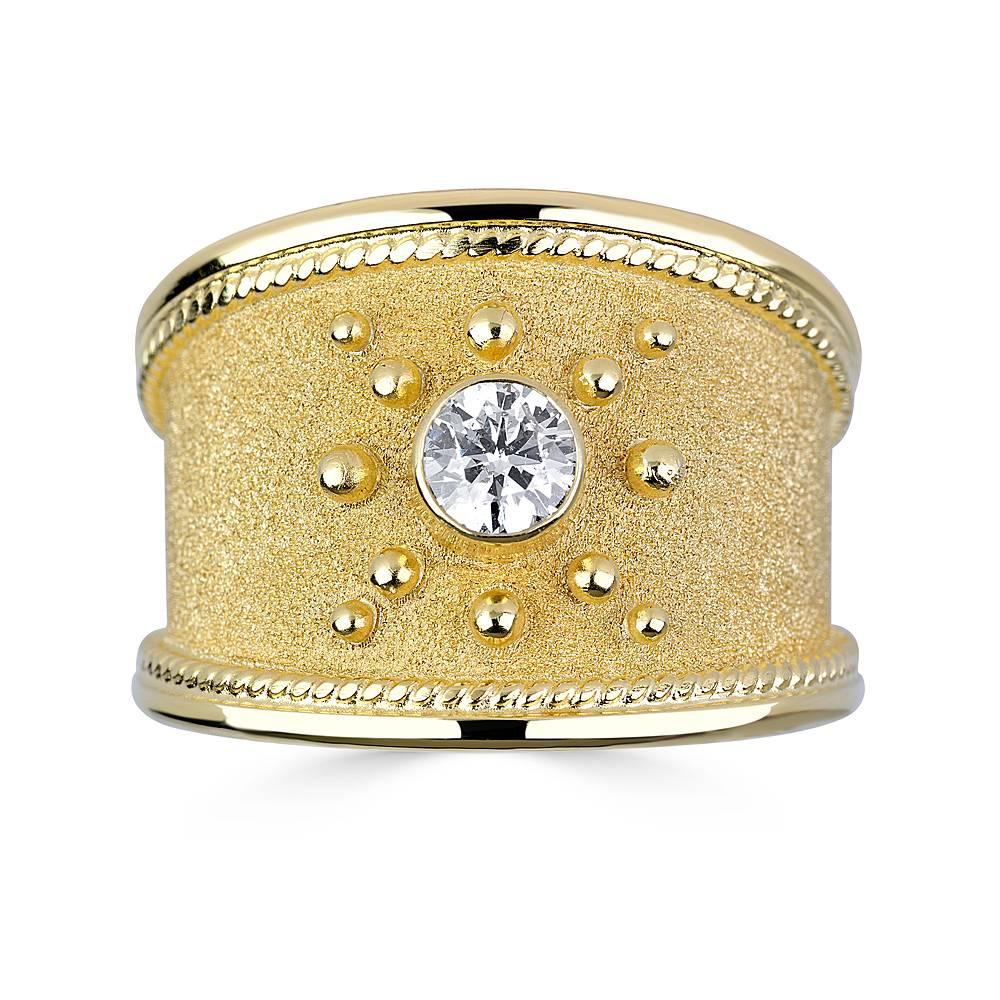 Round Cut Georgios Collections 18 Karat Yellow Gold Diamond Byzantine Style Cuff Bracelet For Sale