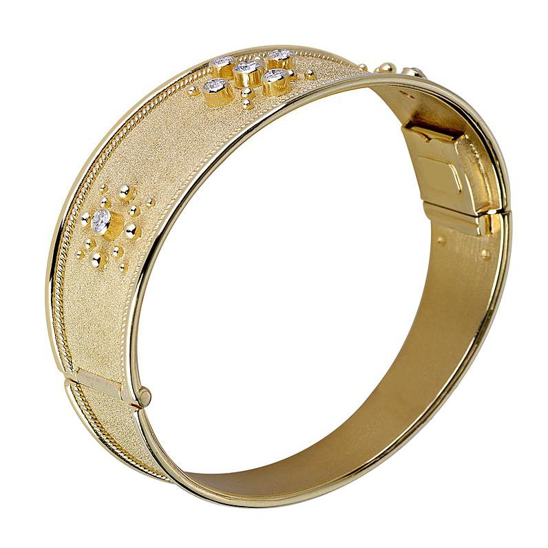 Georgios Collections 18 Karat Yellow Gold Diamond Byzantine Style Cuff Bracelet For Sale