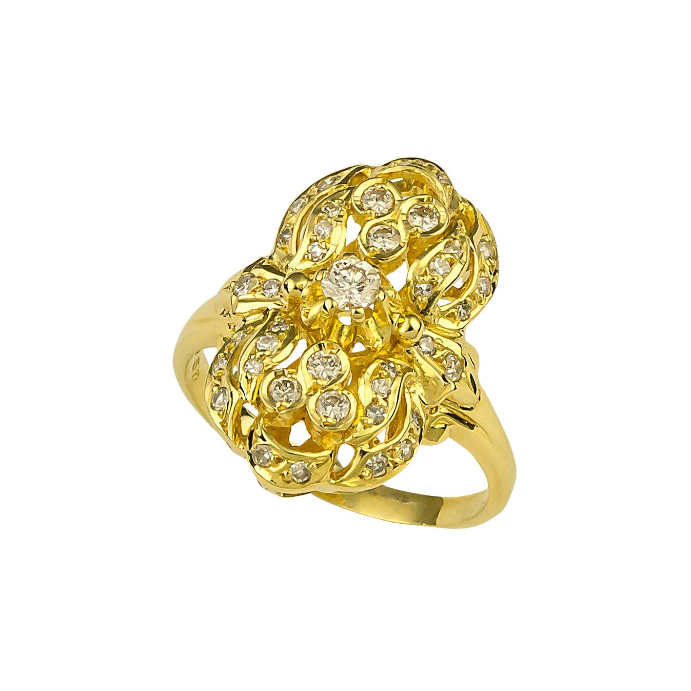 S.Georgios Hand Made 18 Karat Yellow Gold Ring decorated with Byzantine-style workmanship and features Brilliant cut Diamonds total weight of 0,56 Carat. We also make this beautiful design in White or Rose Gold, and with different stone selections,