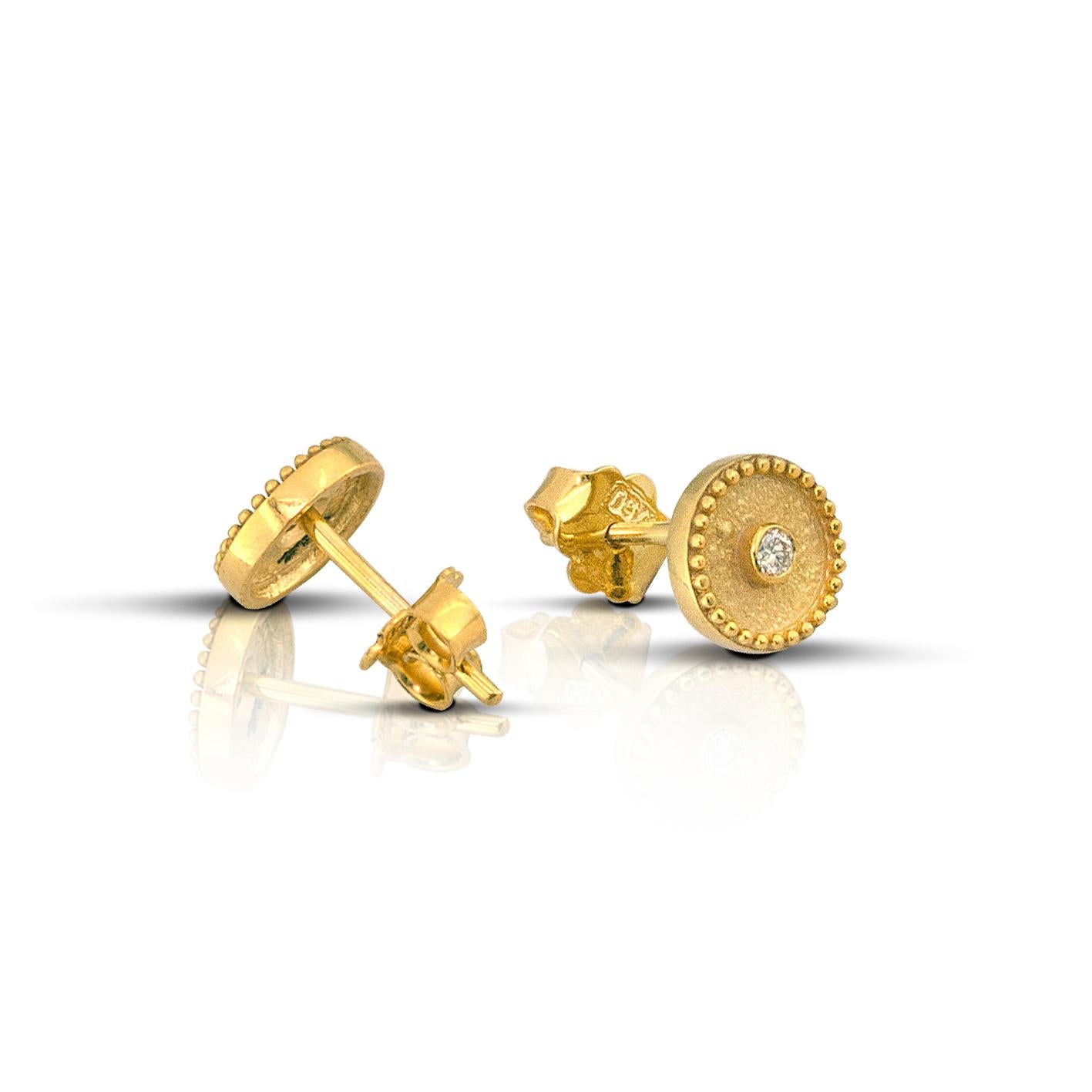 These S.Georgios Earrings are 18 Karat yellow gold and all handmade. The earrings are microscopically decorated with granulation workmanship and feature a unique velvet look on the background. They have 2 Brilliant cut Diamonds total weight of 0,07