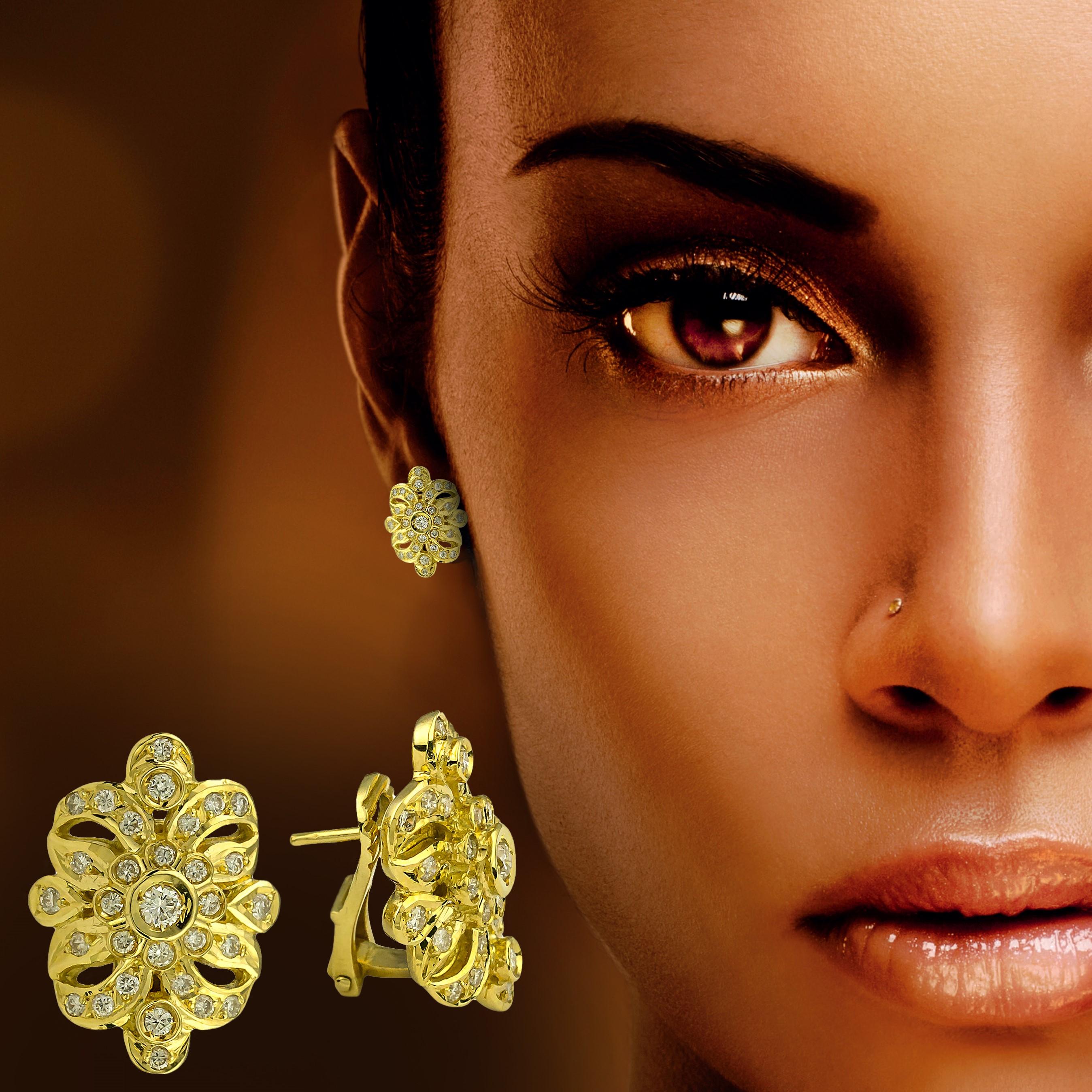 Georgios Collections 18 Karat Gelbgold Diamant Byzantinische Blume Clip-Ohrringe im Zustand „Neu“ im Angebot in Astoria, NY