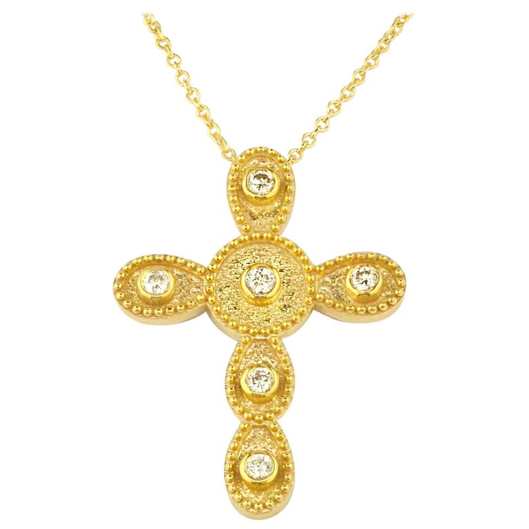 Georgios Collections 18 Karat Yellow Gold Diamond Byzantine Style Cross Necklace For Sale