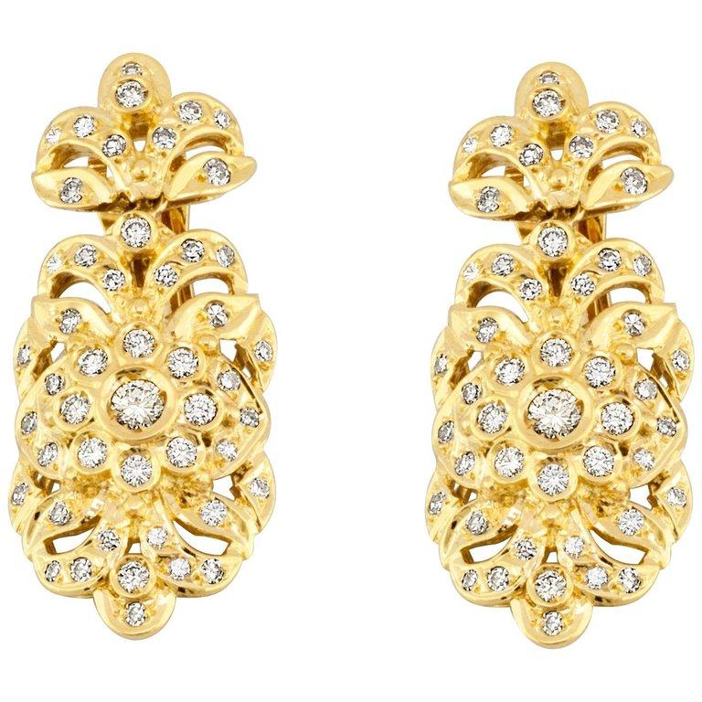 S.Georgios Designer Earrings are Hand Made from 18 Karat Yellow Gold and are decorated with Byzantine-style workmanship and feature Brilliant cut Diamonds total weight of 2.61 Carats. Their back is with a pieced and clip which is also solid 18 Karat