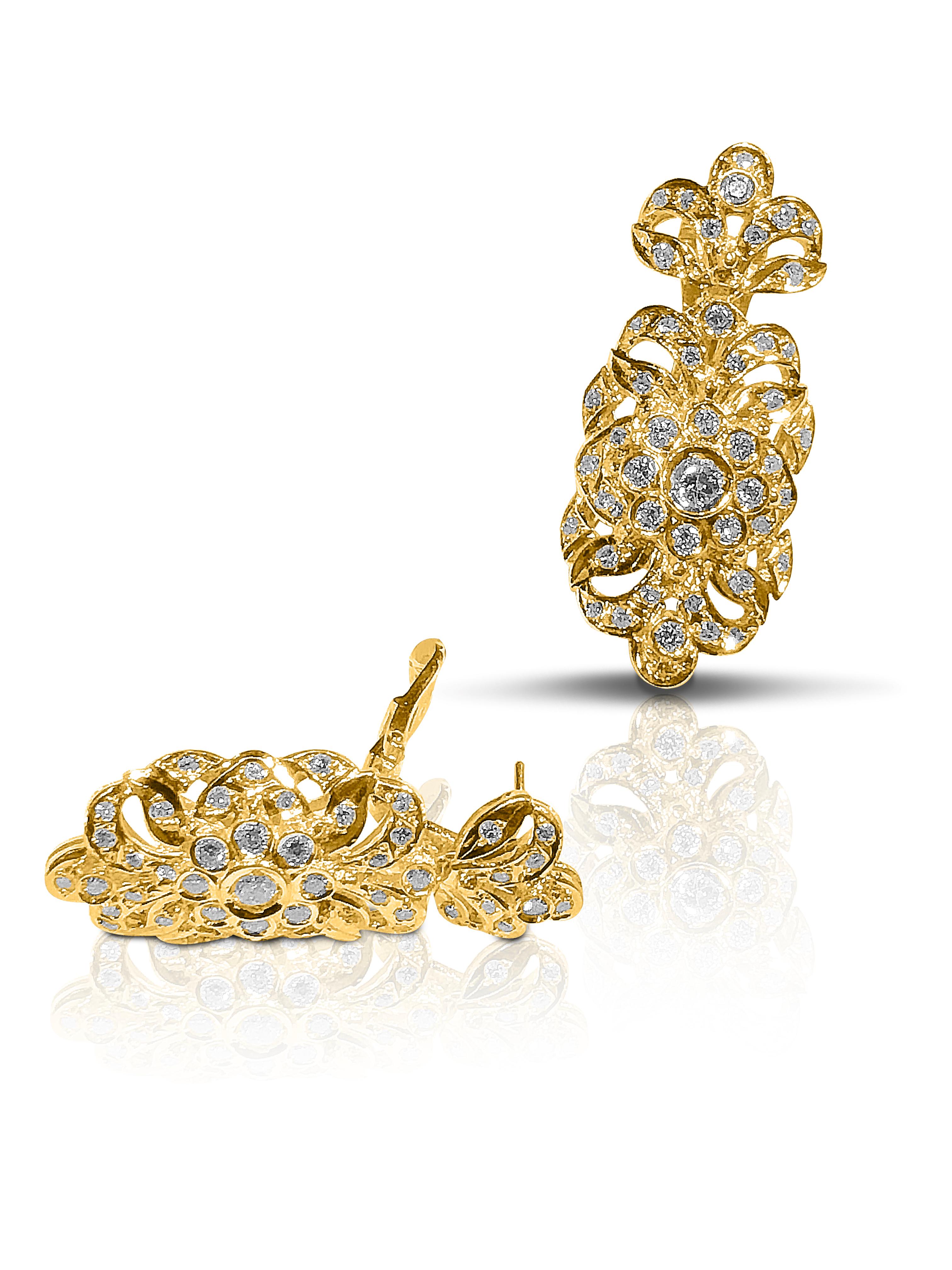 Byzantin Georgios Collections Boucles d'oreilles en goutte de style byzantin en or jaune 18 carats et diamants en vente