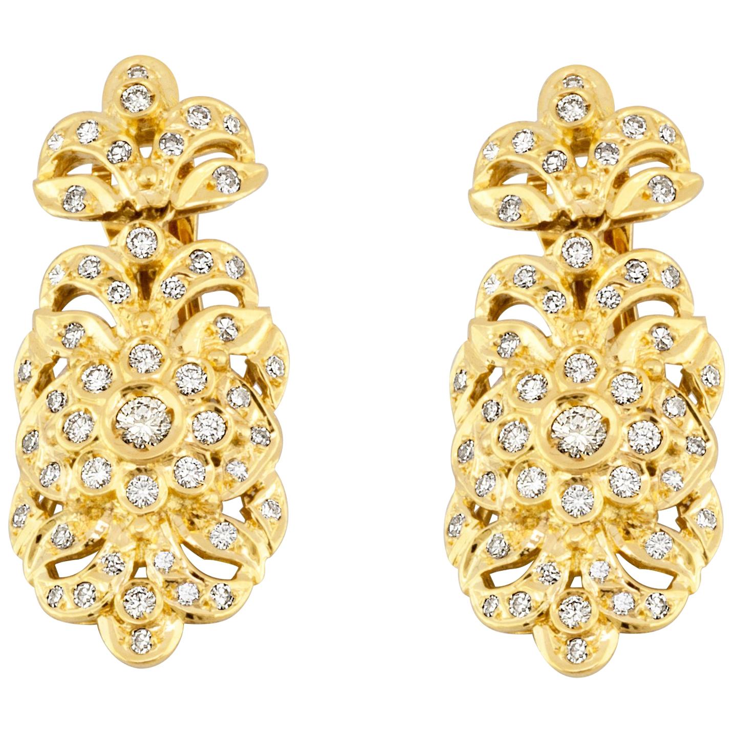 Georgios Collections 18 Karat Yellow Gold Diamond Byzantine Style Drop Earrings For Sale