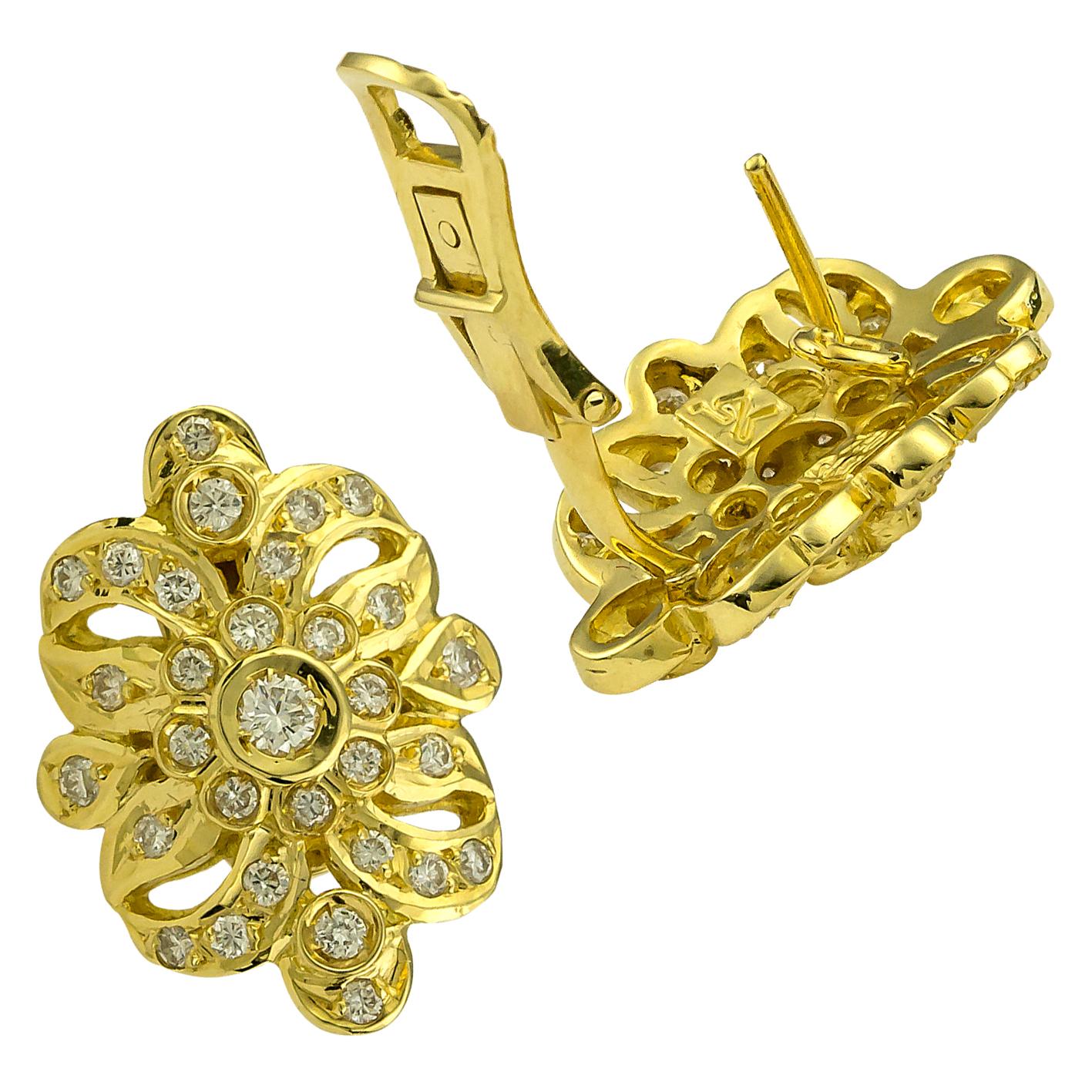 Round Cut Georgios Collections 18 Karat Yellow Gold Diamond Byzantine Flower Clip Earrings For Sale