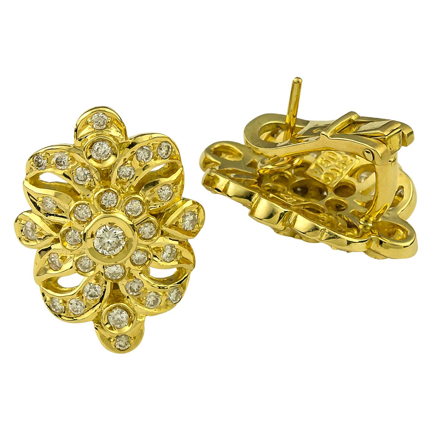 Georgios Collections 18 Karat Yellow Gold Diamond Byzantine Flower Clip Earrings For Sale
