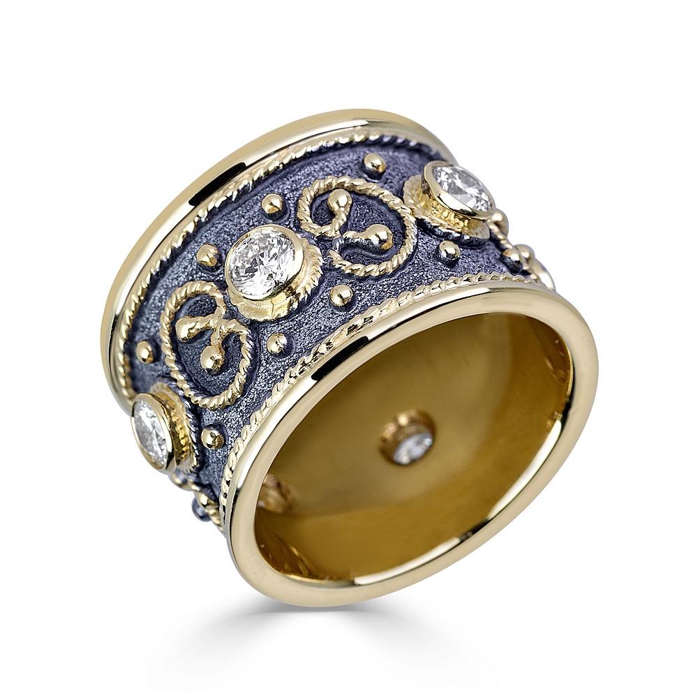 Georgios Collections 18 Karat Yellow Gold Diamond Byzantine Thick Band Ring In New Condition In Astoria, NY