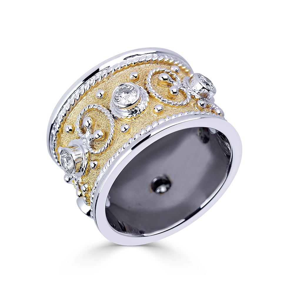 Women's or Men's Georgios Collections 18 Karat Yellow Gold Diamond Byzantine Thick Band Ring