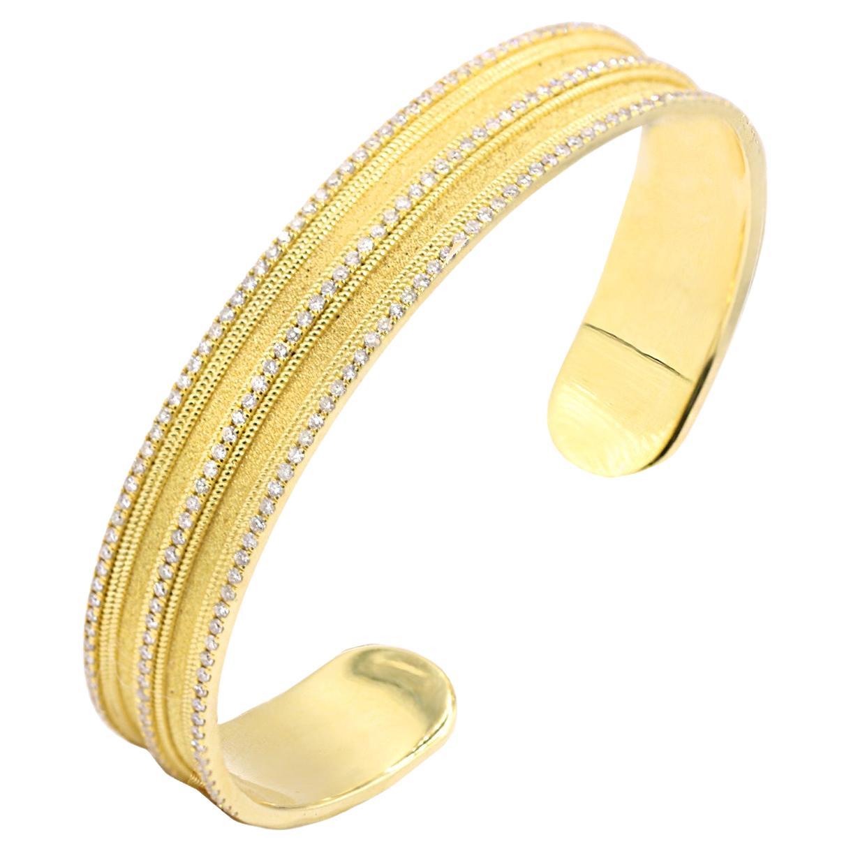 Georgios Collections 18 Karat Yellow Gold Diamond Byzantine Wide Bangle Bracelet