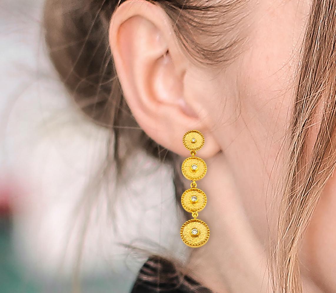 Georgios Collections 18 Karat Yellow Gold Diamond Circle Dangle Drop Earrings For Sale 4