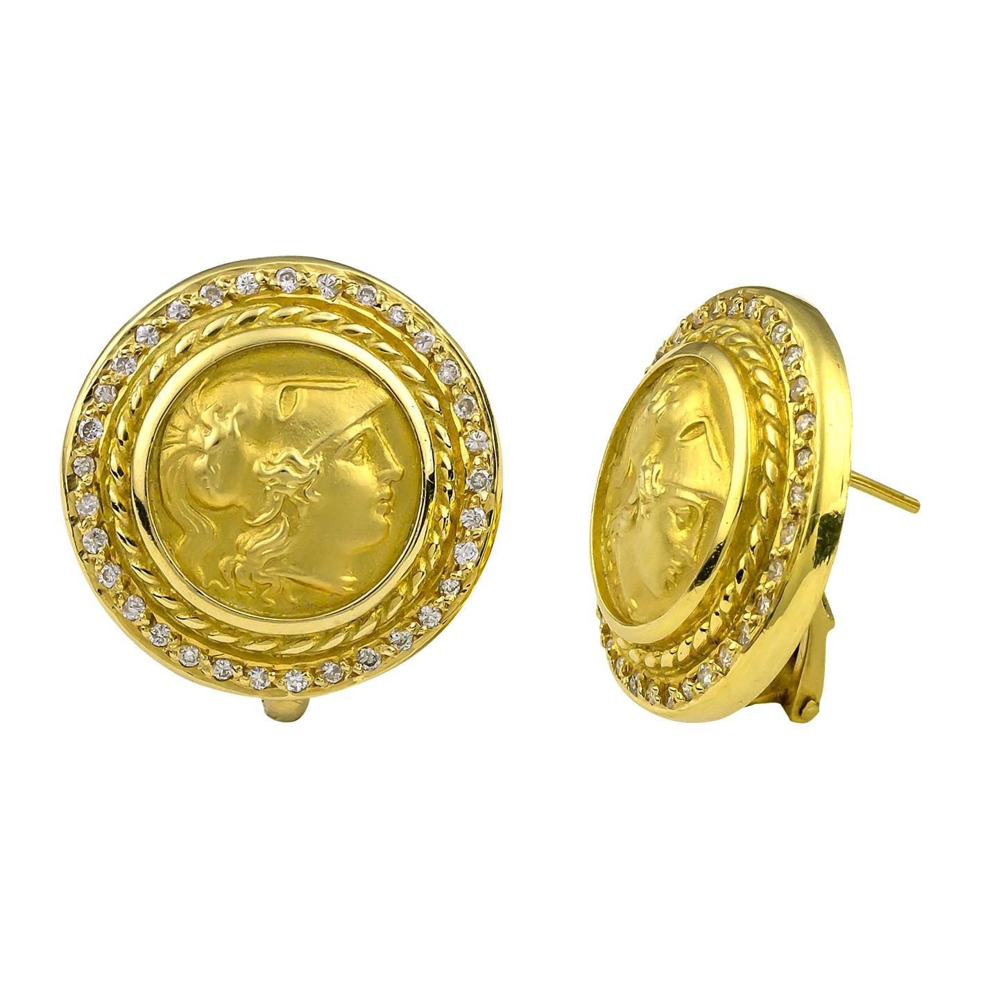 Round Cut Georgios Collections 18 Karat Yellow Gold Diamond Coin Stud Earrings of Athina For Sale