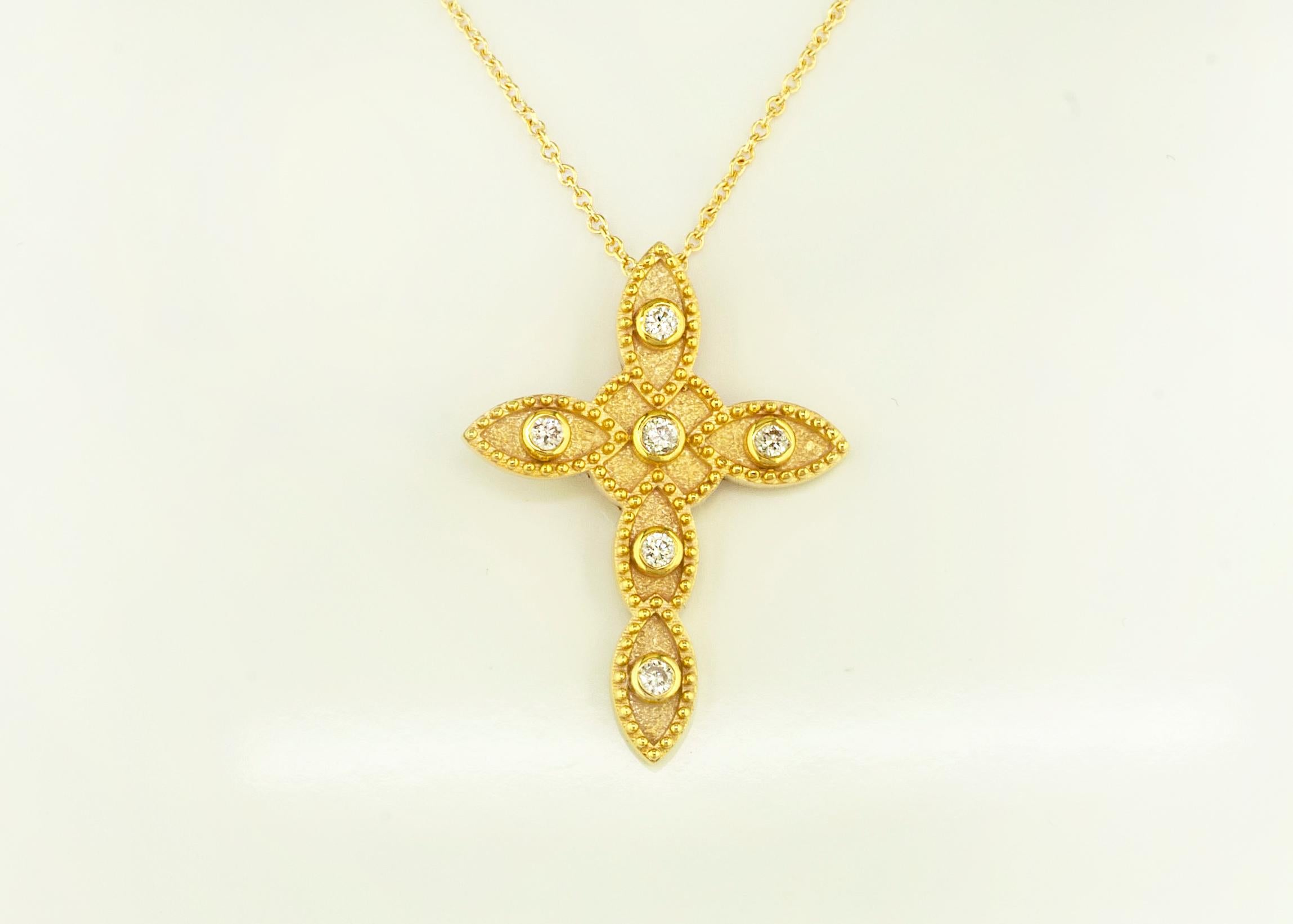 Byzantine Georgios Collections 18 Karat Yellow Gold Diamond Cross and Chain Necklace For Sale