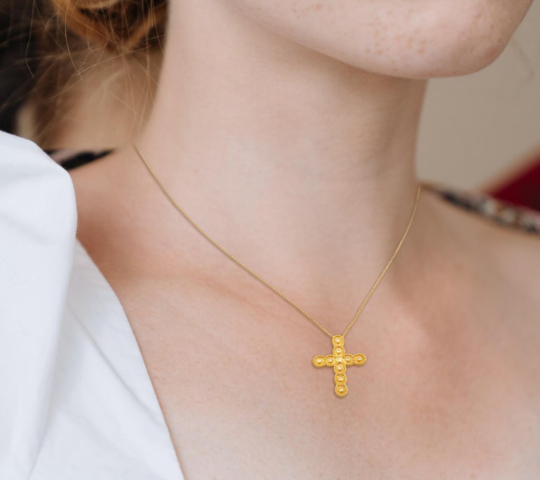 Byzantine Georgios Collections 18 Karat Yellow Gold Diamond Cross Necklace with Chain For Sale