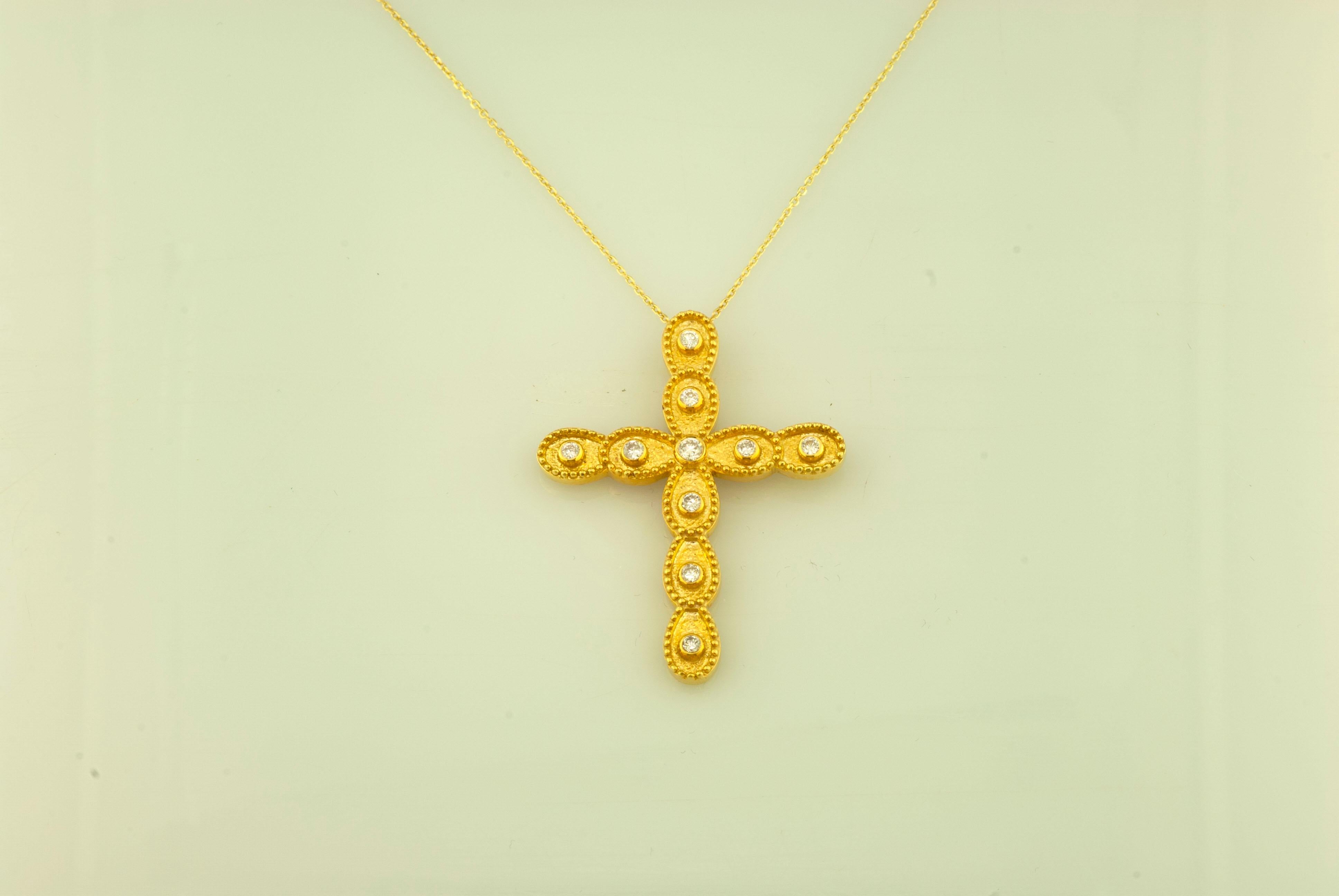 Round Cut Georgios Collections 18 Karat Yellow Gold Diamond Cross Necklace with Chain For Sale