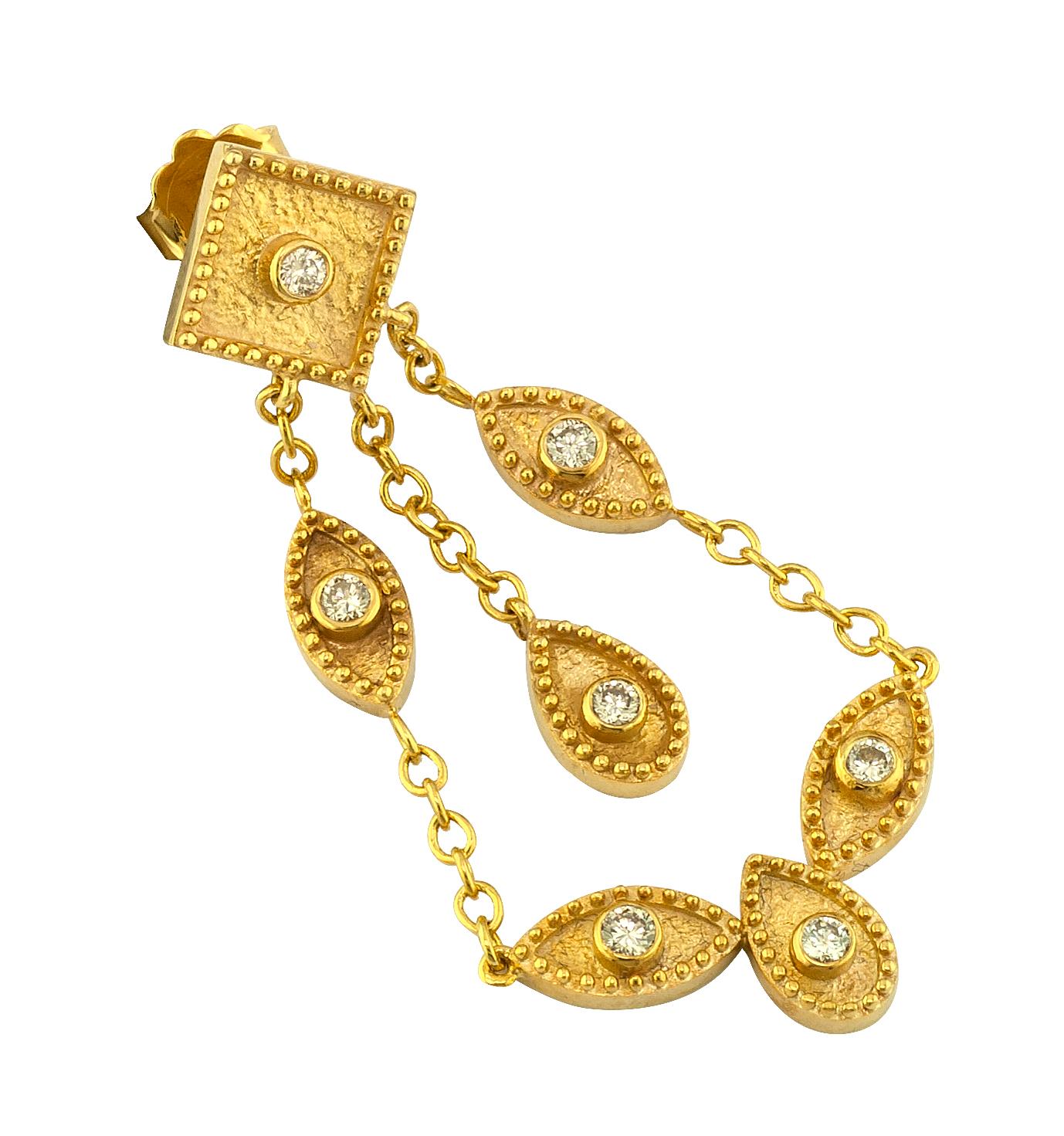 These S.Georgios designer drop chandelier gorgeous earrings are hand made from 18 Karat Yellow Gold and decorated with Byzantine-era style granulation workmanship done all microscopically and are finished with a lovely velvet background. This