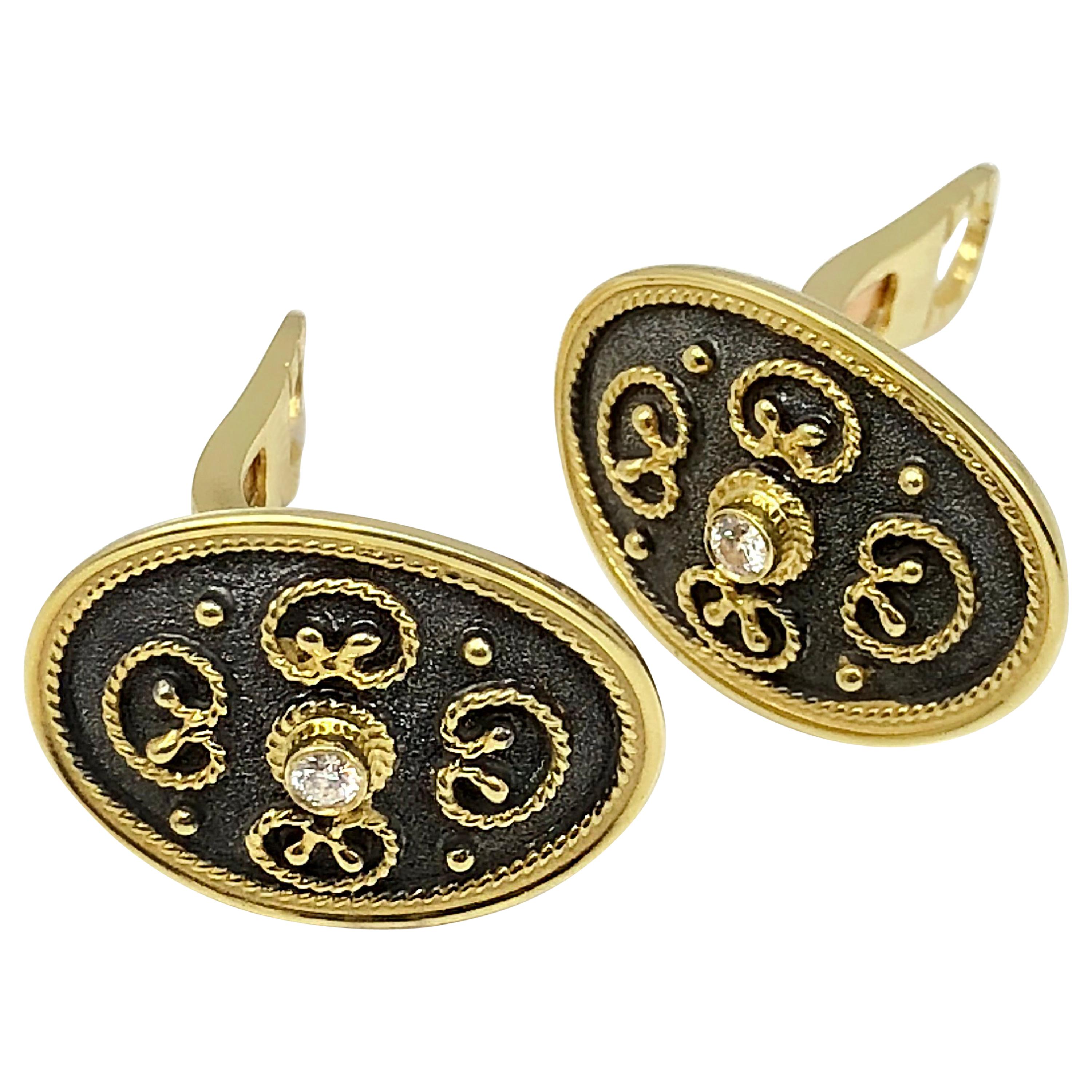 Georgios Collections Byzantinische zweifarbige Ohrringe aus 18 Karat Gelbgold mit Diamanten im Angebot