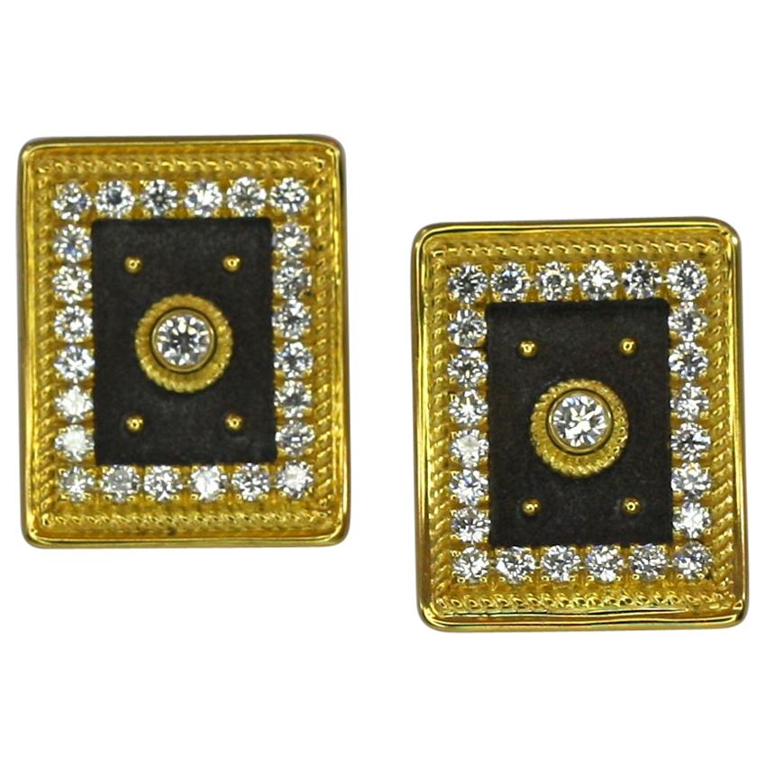 Georgios Collections 18 Karat Gold Two Tone Diamond Square Stud Earrings For Sale