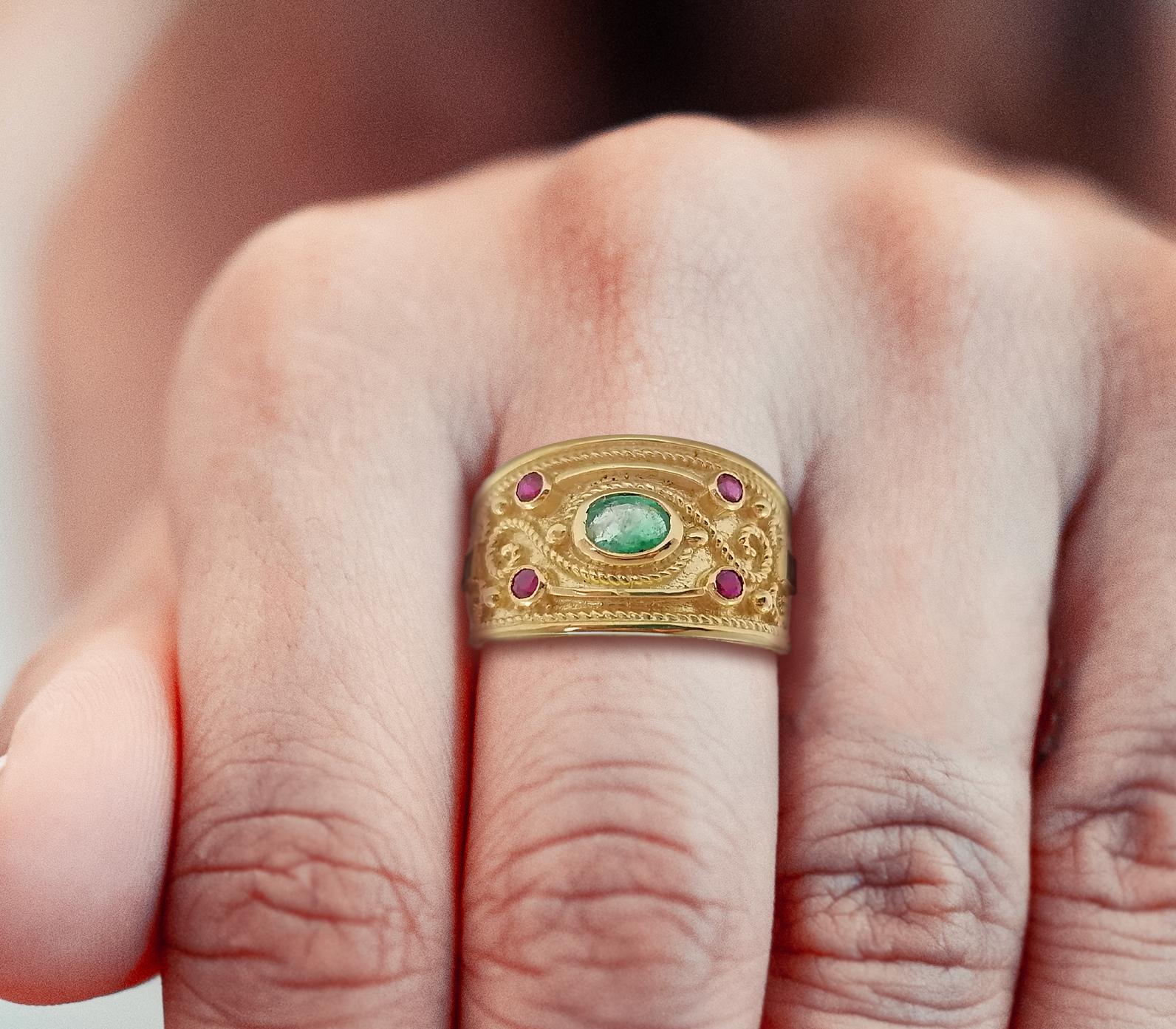 Bague jonc collection Georgios en or jaune 18 carats, diamant, émeraude et rubis en vente 8