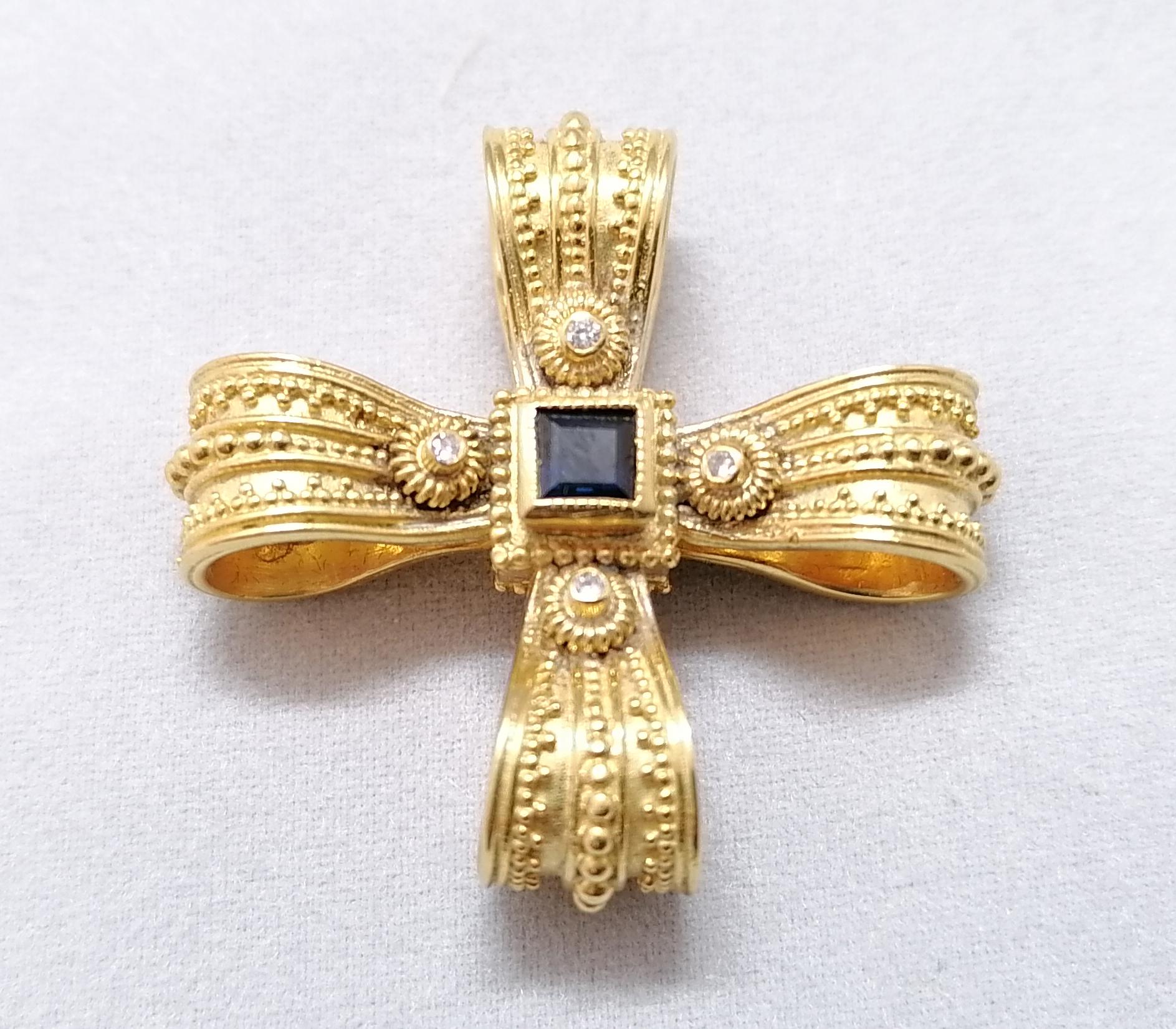Georgios Collections 18 Karat Yellow Gold Diamond Emerald and Sapphire Cross For Sale 4