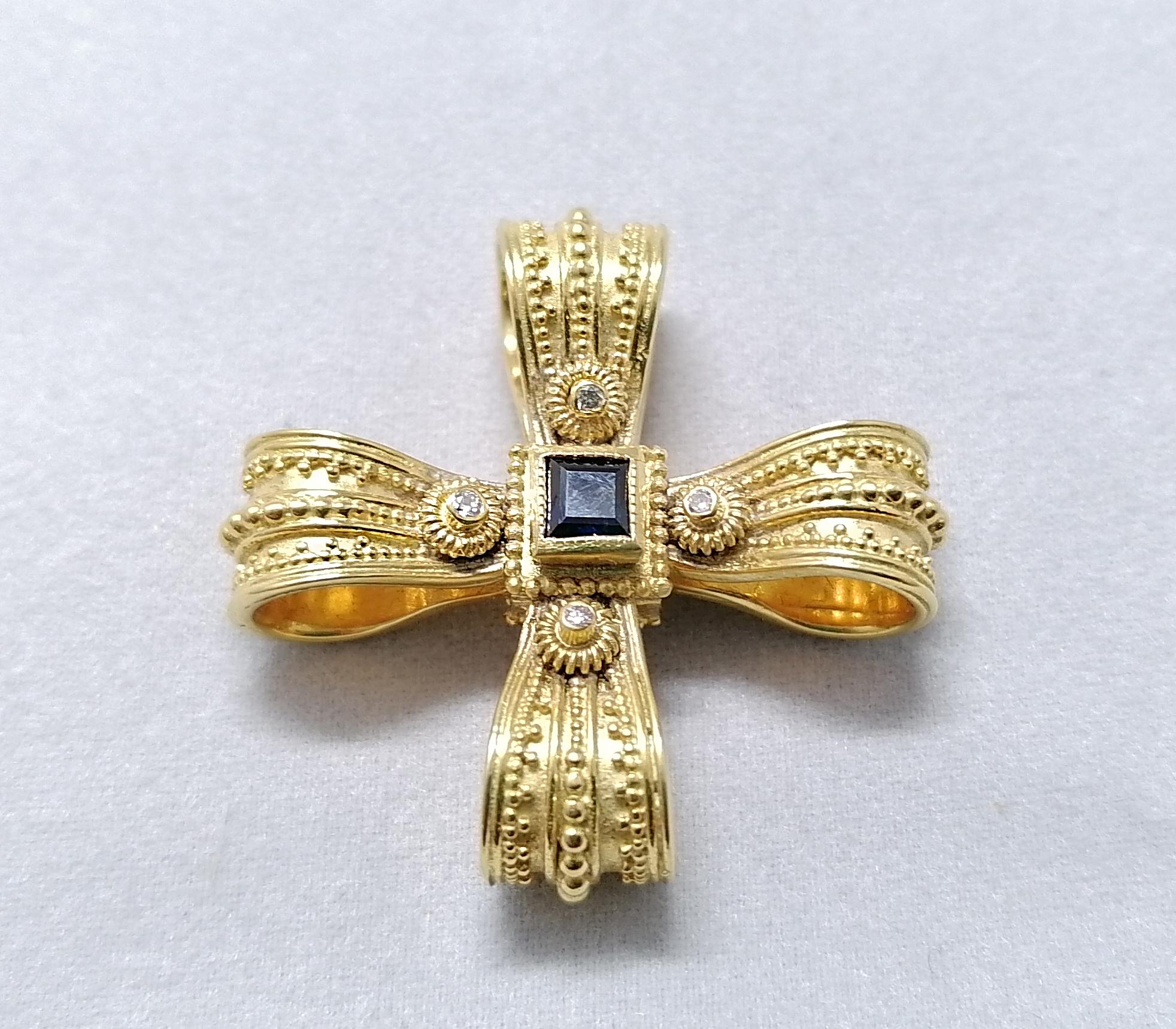 Georgios Collections 18 Karat Yellow Gold Diamond Emerald and Sapphire Cross For Sale 1