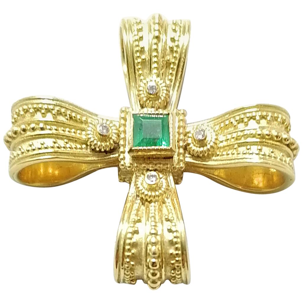 Georgios Collections 18 Karat Yellow Gold Diamond Emerald and Sapphire Cross For Sale