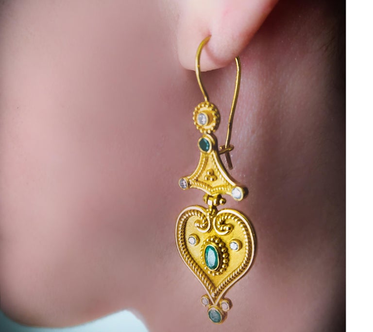 Georgios Collections 18 Karat Yellow Gold Diamond Emerald Drop Earrings For Sale 8