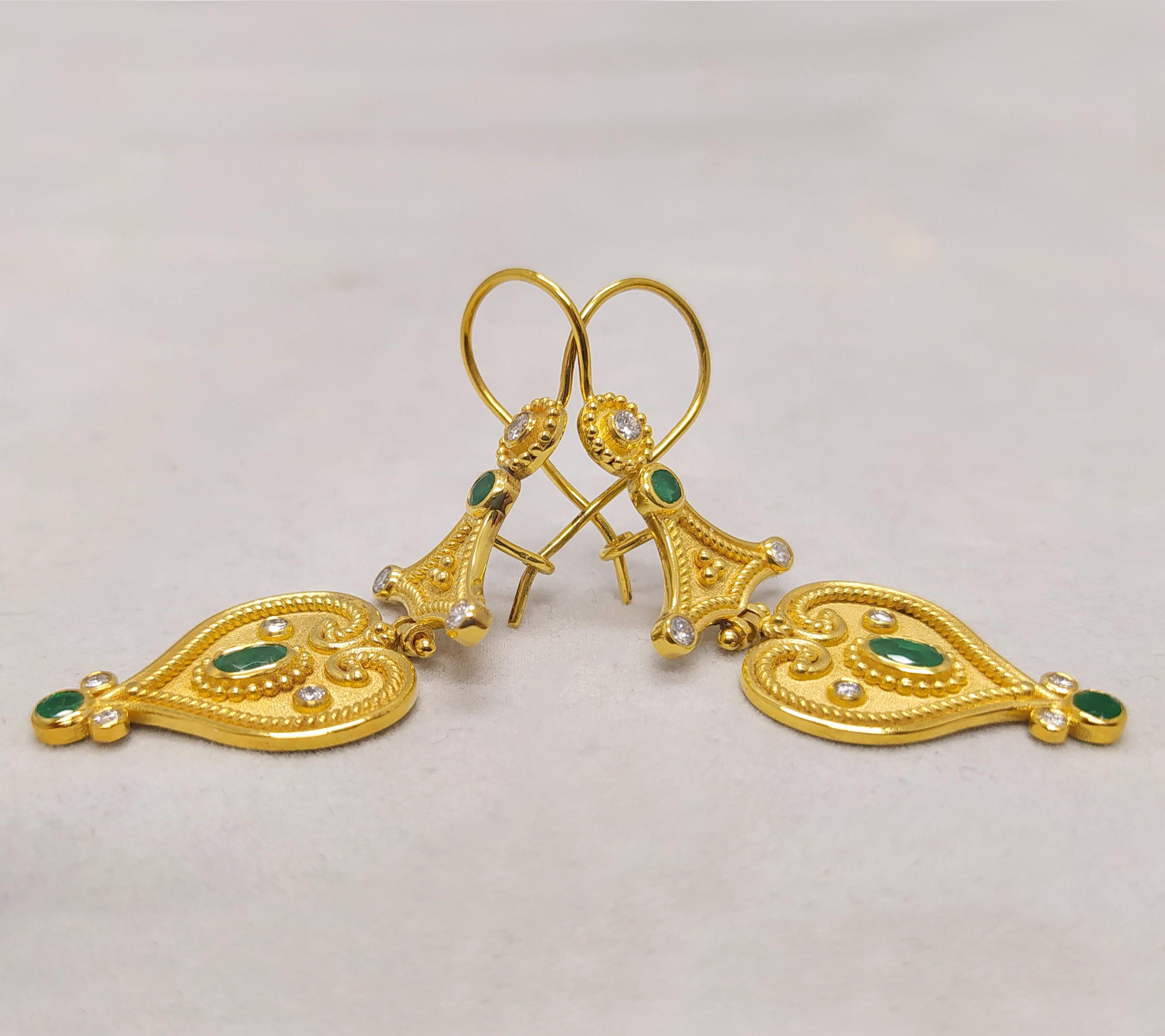 Byzantine Georgios Collections 18 Karat Yellow Gold Diamond Emerald Drop Earrings For Sale