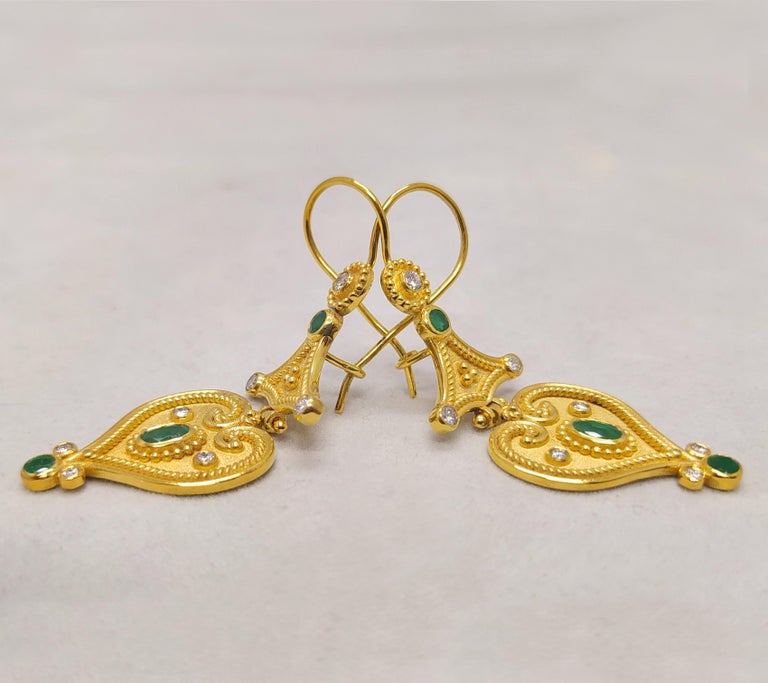 Oval Cut Georgios Collections 18 Karat Yellow Gold Diamond Emerald Drop Earrings For Sale