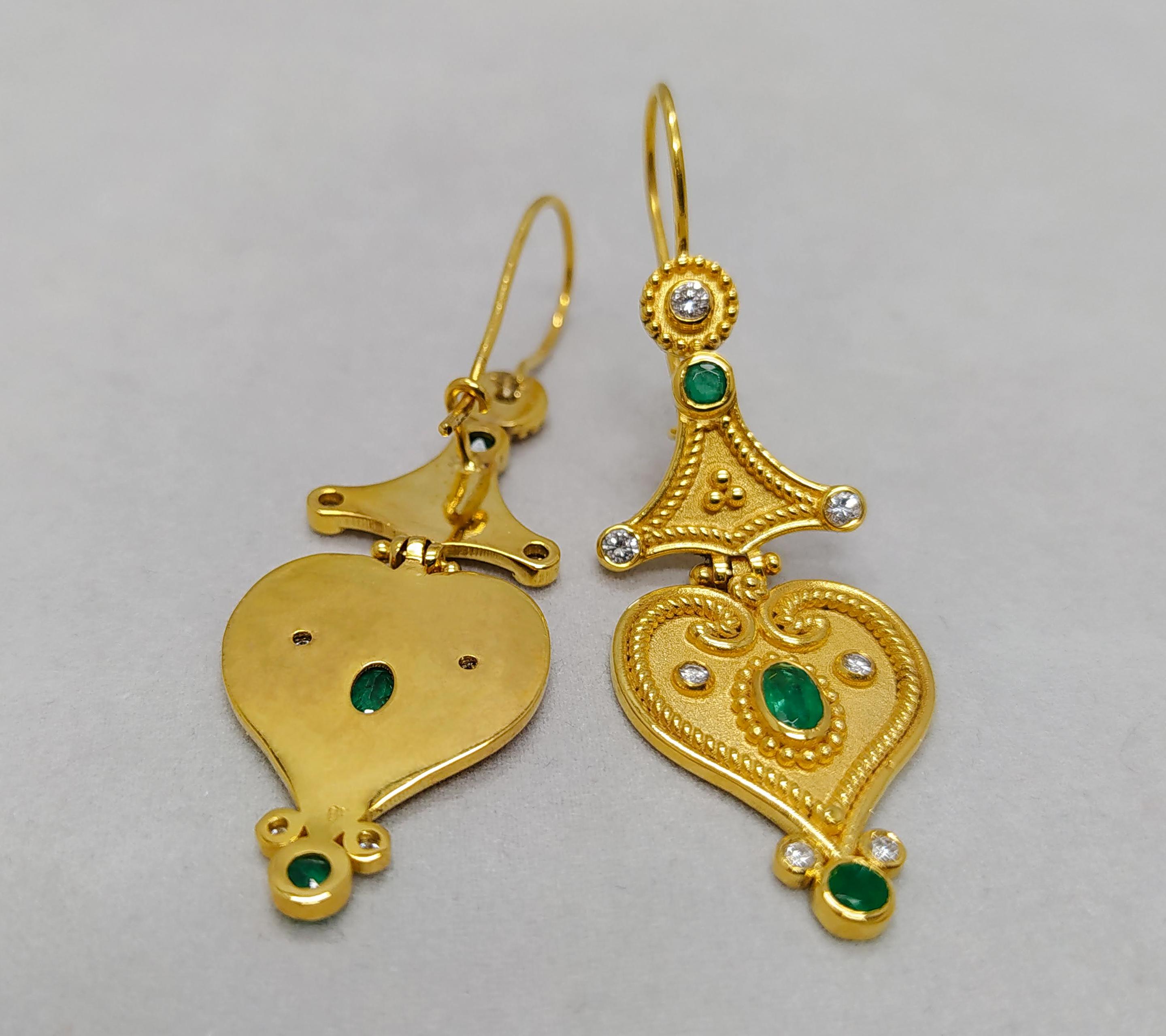 Oval Cut Georgios Collections 18 Karat Yellow Gold Diamond Emerald Drop Earrings For Sale