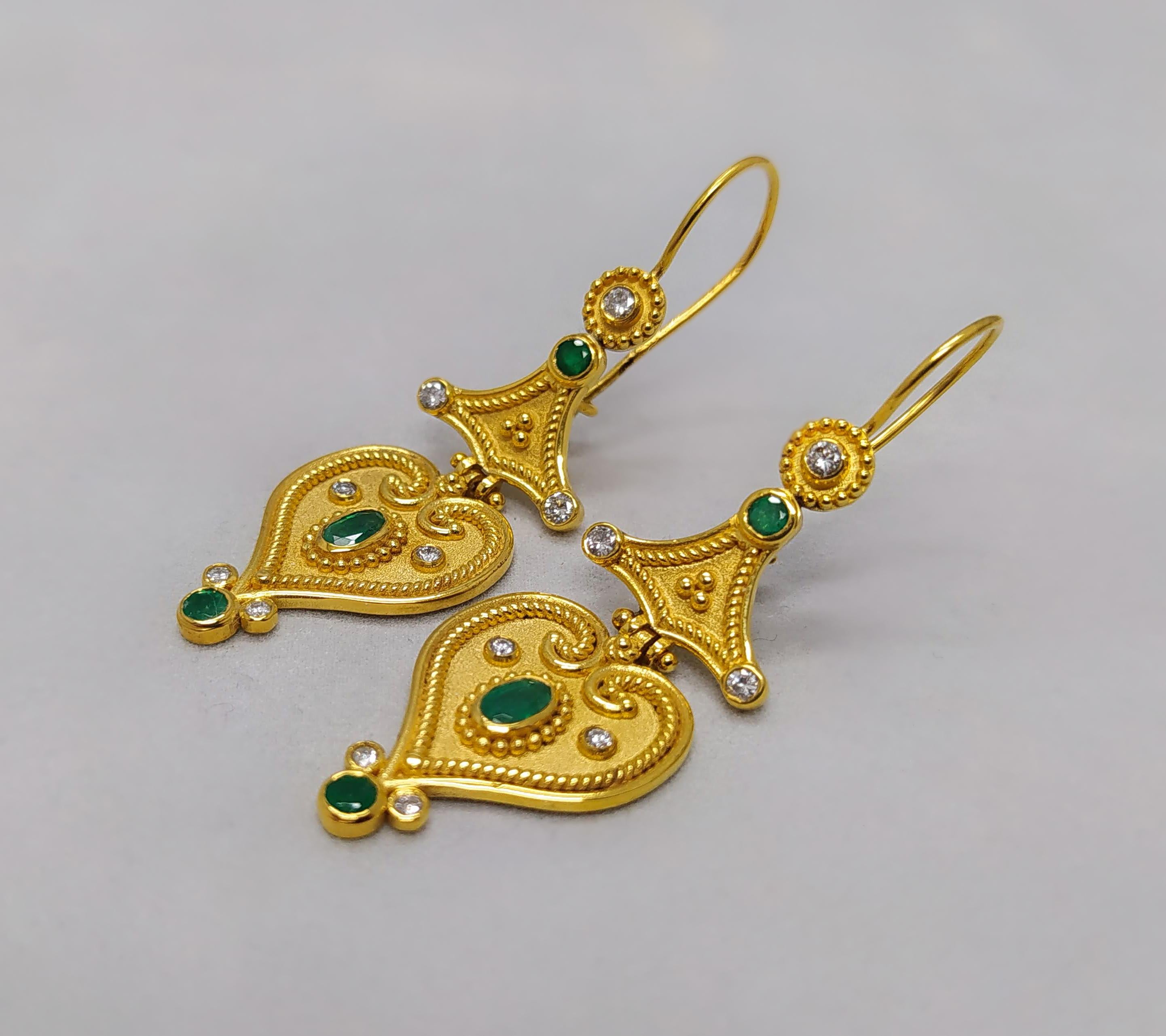 Georgios Collections 18 Karat Yellow Gold Diamond Emerald Drop Earrings For Sale 2
