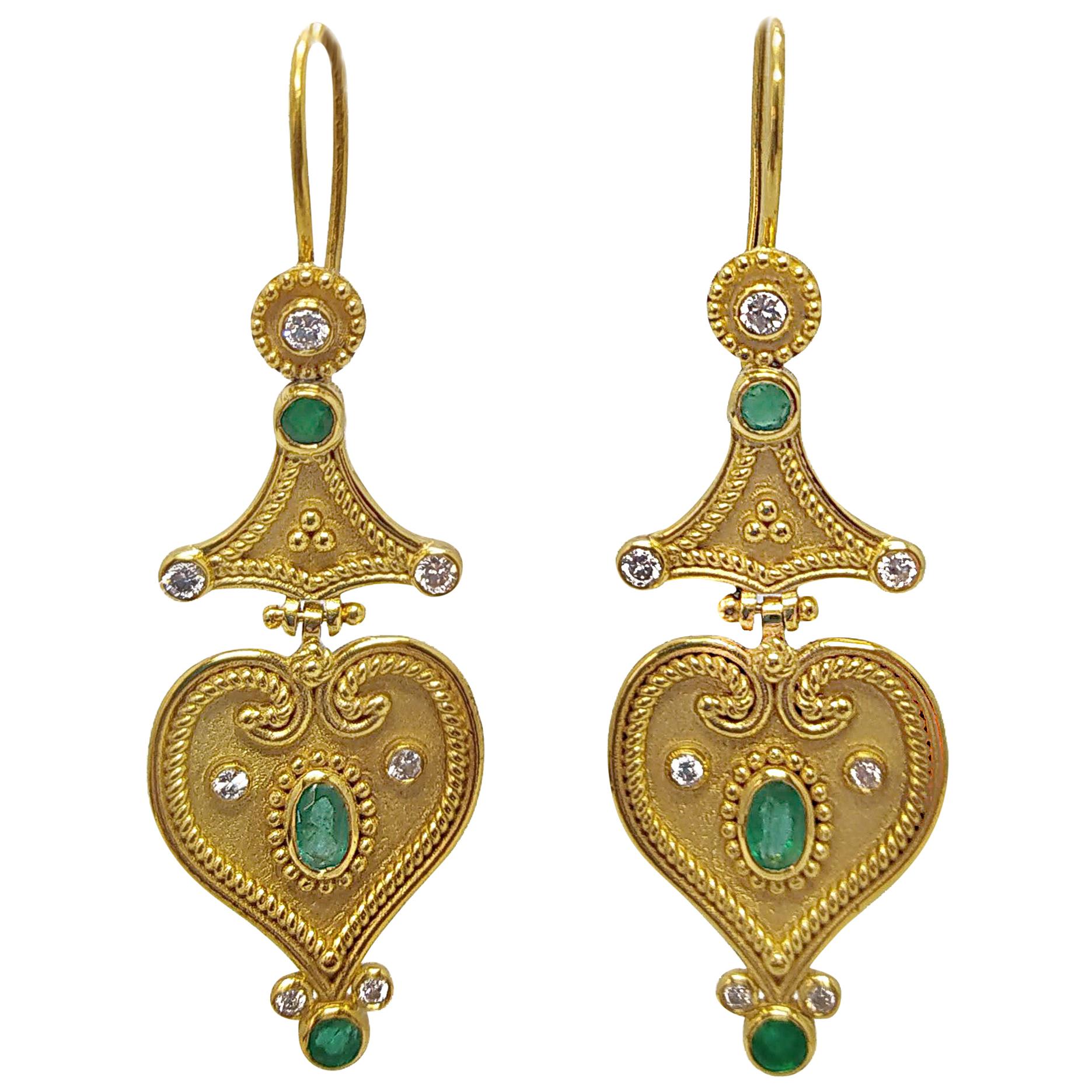 Georgios Collections Boucles d'oreilles en goutte en or jaune 18 carats avec diamants et émeraudes