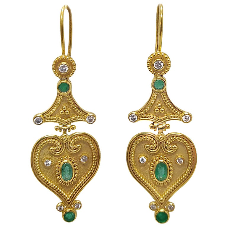 Georgios Collections 18 Karat Yellow Gold Diamond Emerald Drop Earrings For Sale