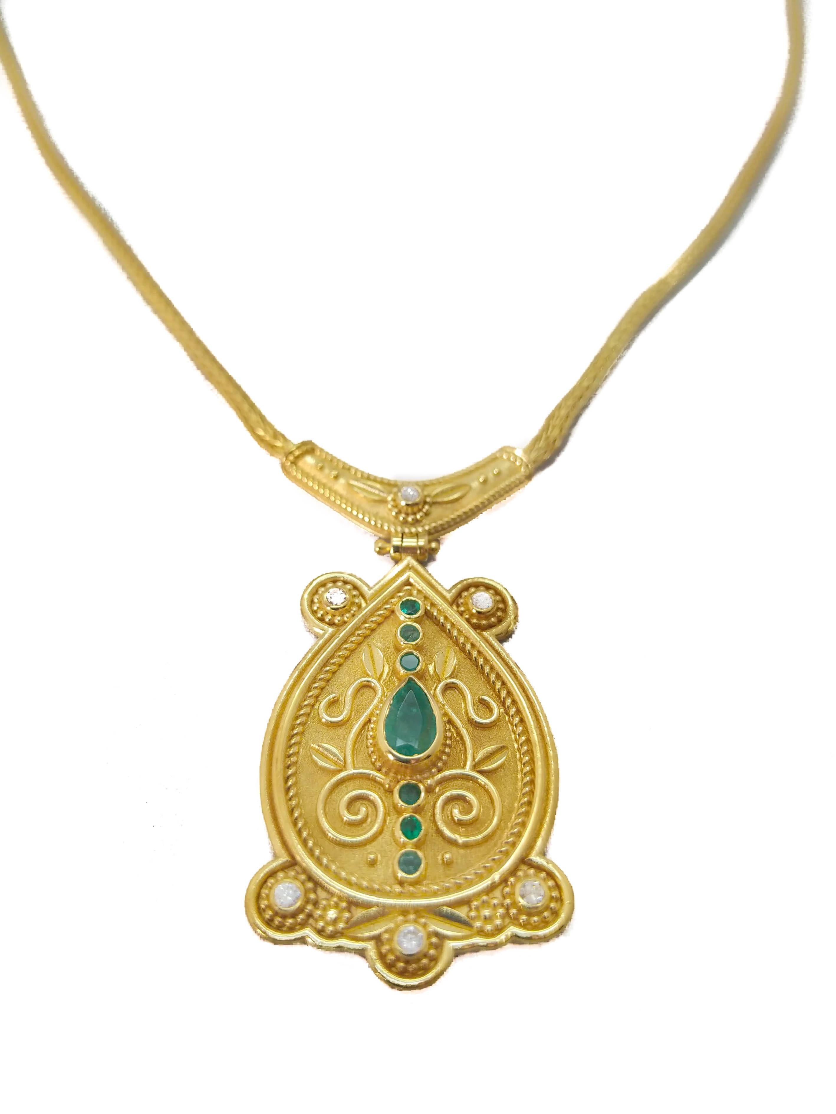 Georgios Collections 18 Karat Yellow Gold Diamond Emerald Drop Pendant Necklace For Sale 4
