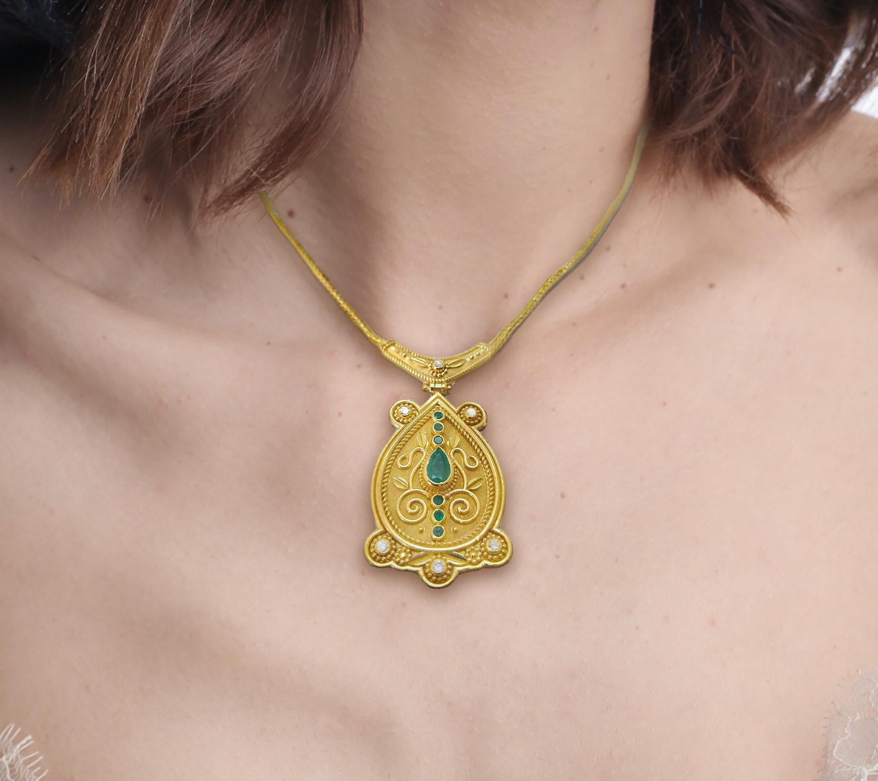 Georgios Collections 18 Karat Yellow Gold Diamond Emerald Drop Pendant Necklace For Sale 5