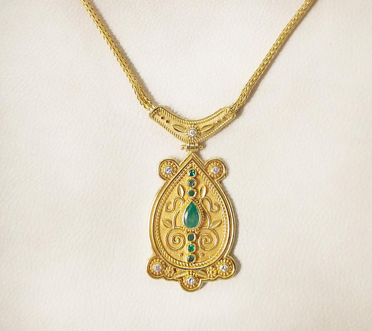 Byzantine Georgios Collections 18 Karat Yellow Gold Diamond Emerald Drop Pendant Necklace For Sale