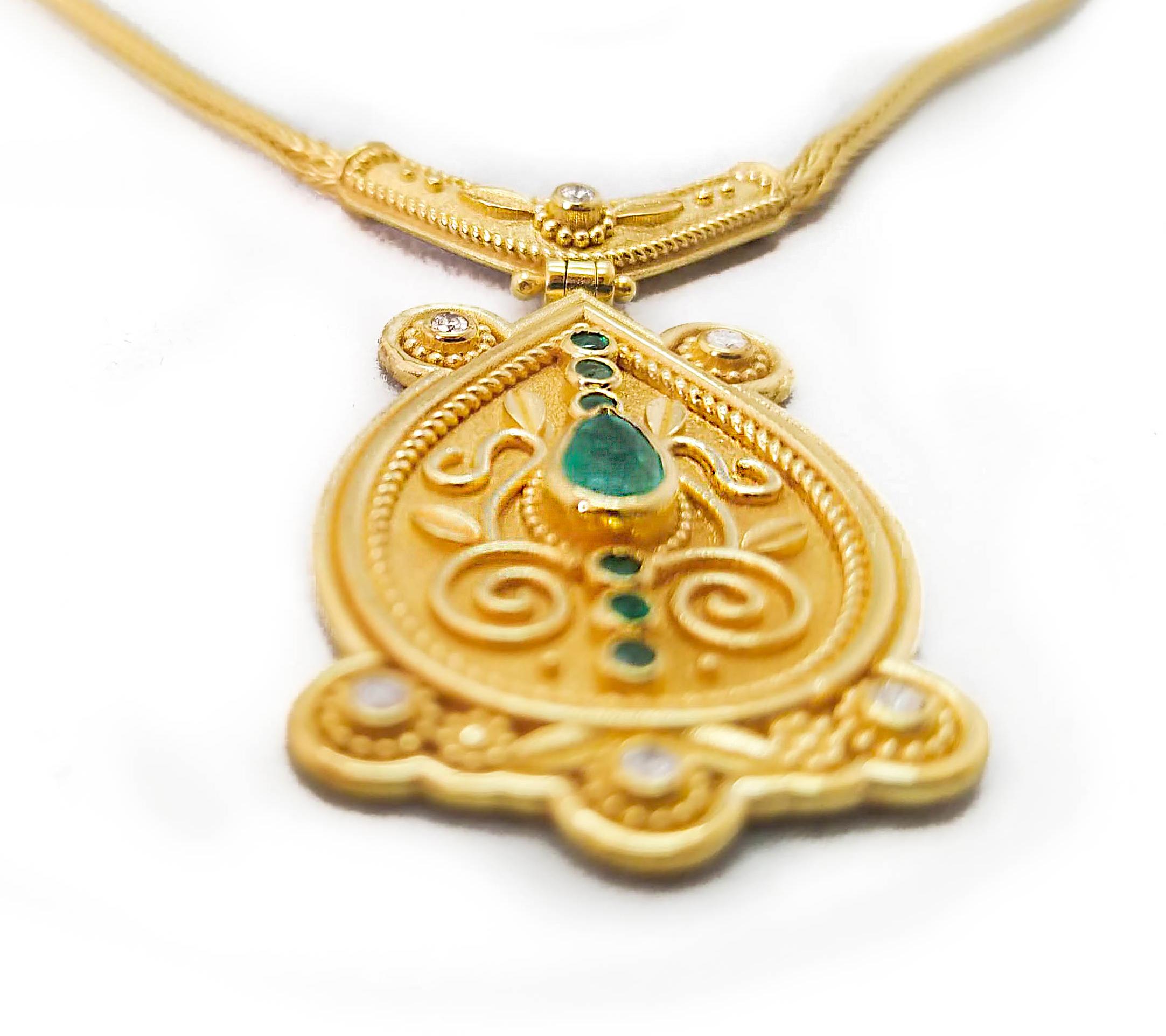 Women's Georgios Collections 18 Karat Yellow Gold Diamond Emerald Drop Pendant Necklace For Sale